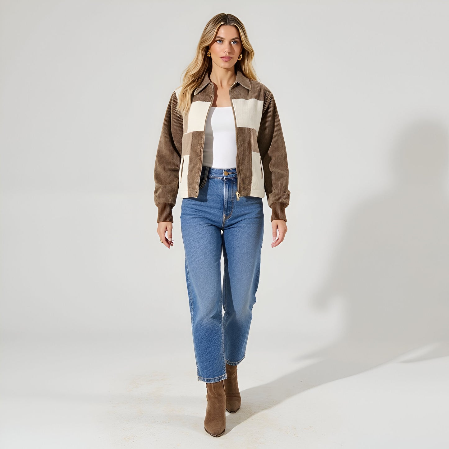 Colorblock Corduroy Zip-Up Jacket with Long Sleeves and Collar