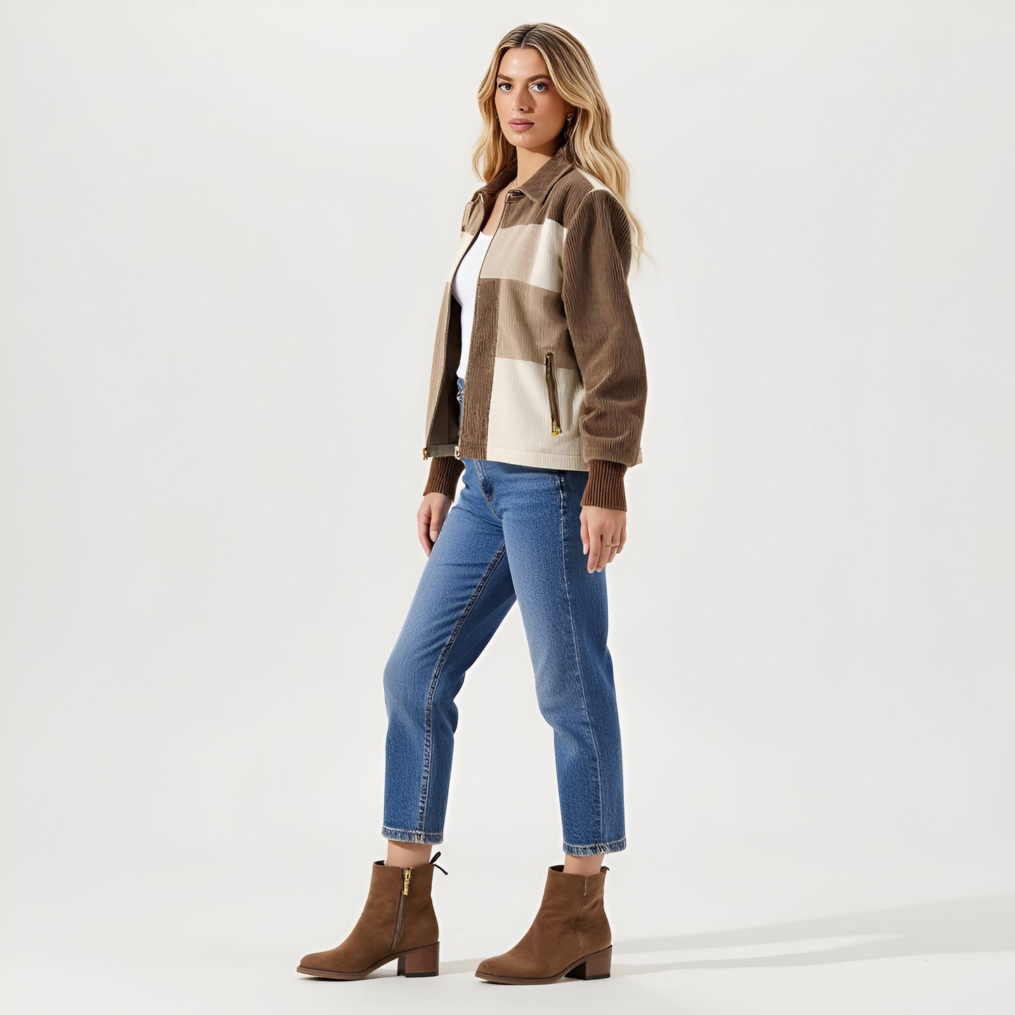 Colorblock Corduroy Zip-Up Jacket with Long Sleeves and Collar