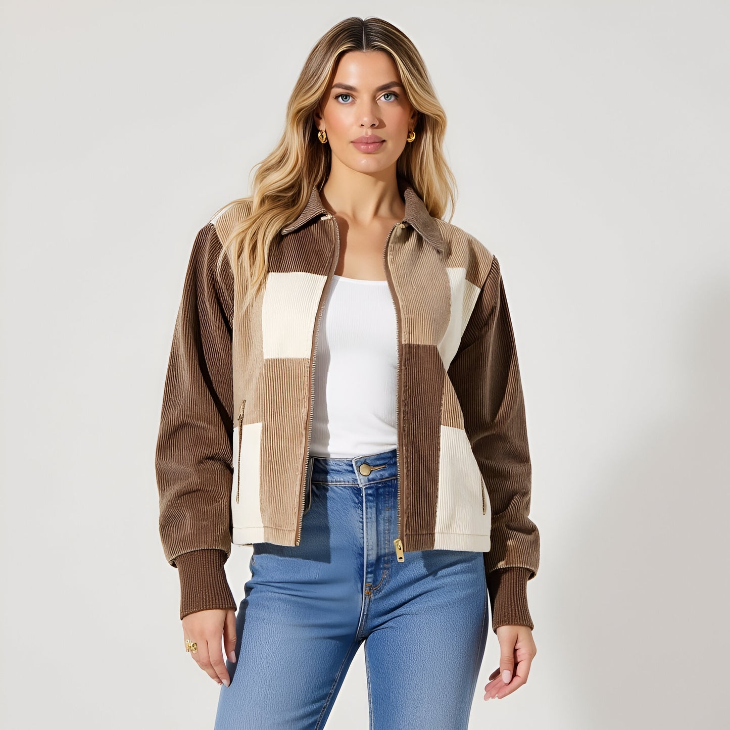 Colorblock Corduroy Zip-Up Jacket with Long Sleeves and Collar