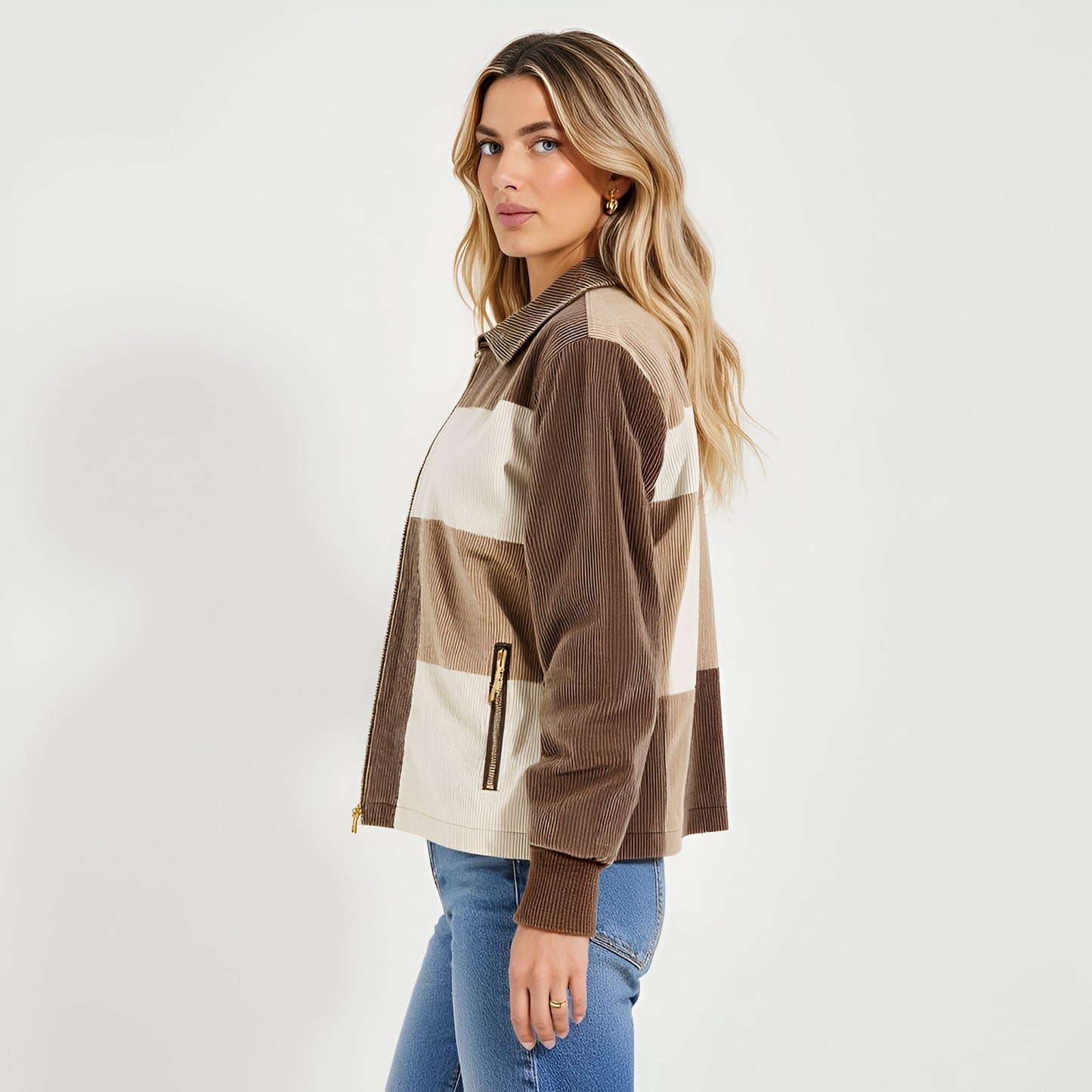 Colorblock Corduroy Zip-Up Jacket with Long Sleeves and Collar