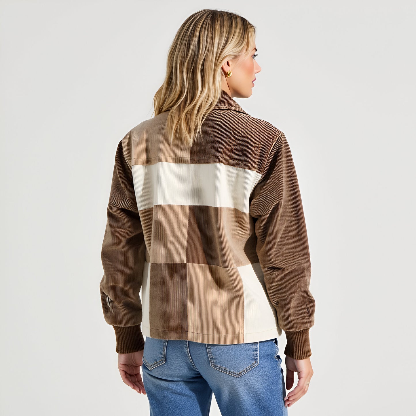 Colorblock Corduroy Zip-Up Jacket with Long Sleeves and Collar