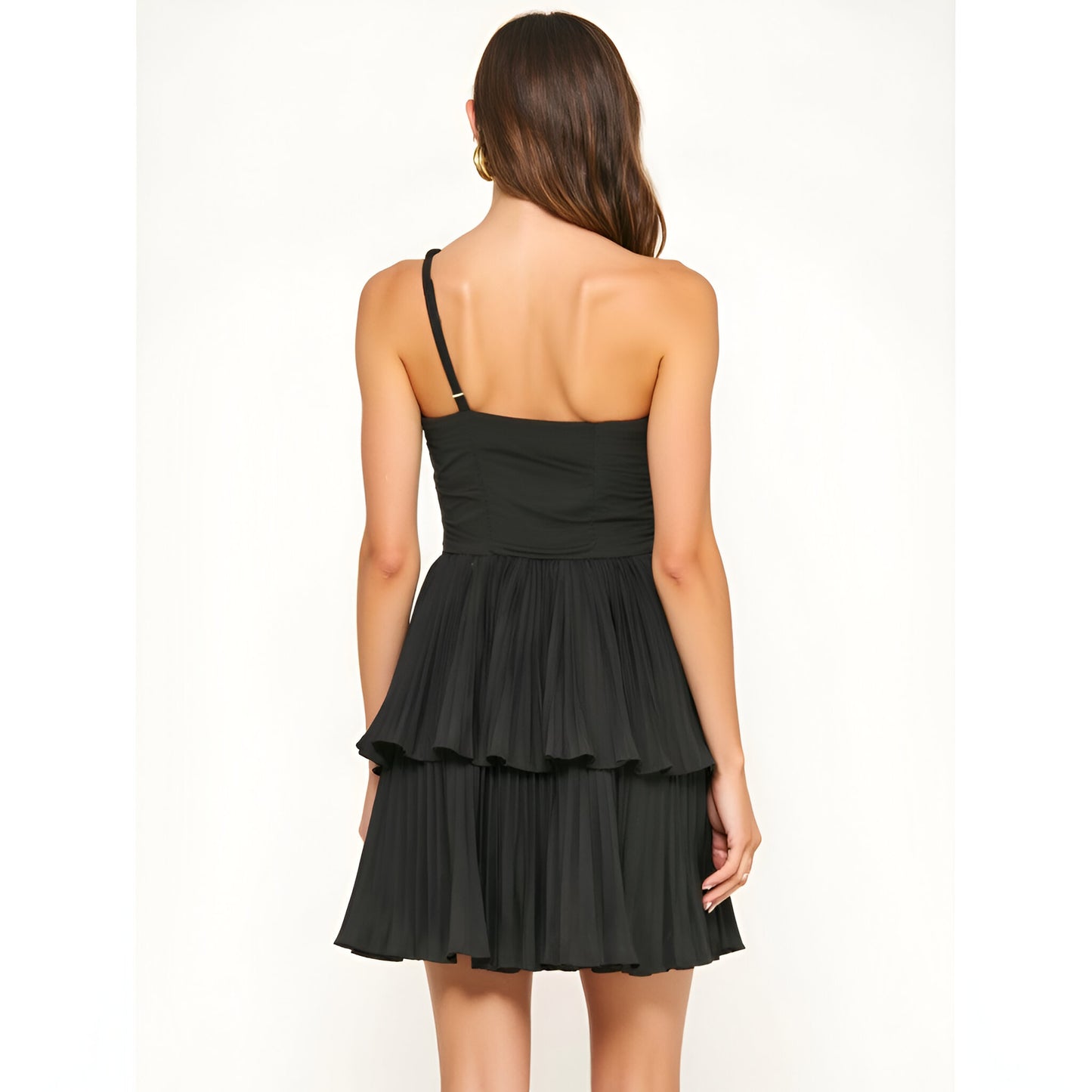 One-Shoulder Bow Detail Pleated Mini Dress, Layered Skirt and Cutout Waist