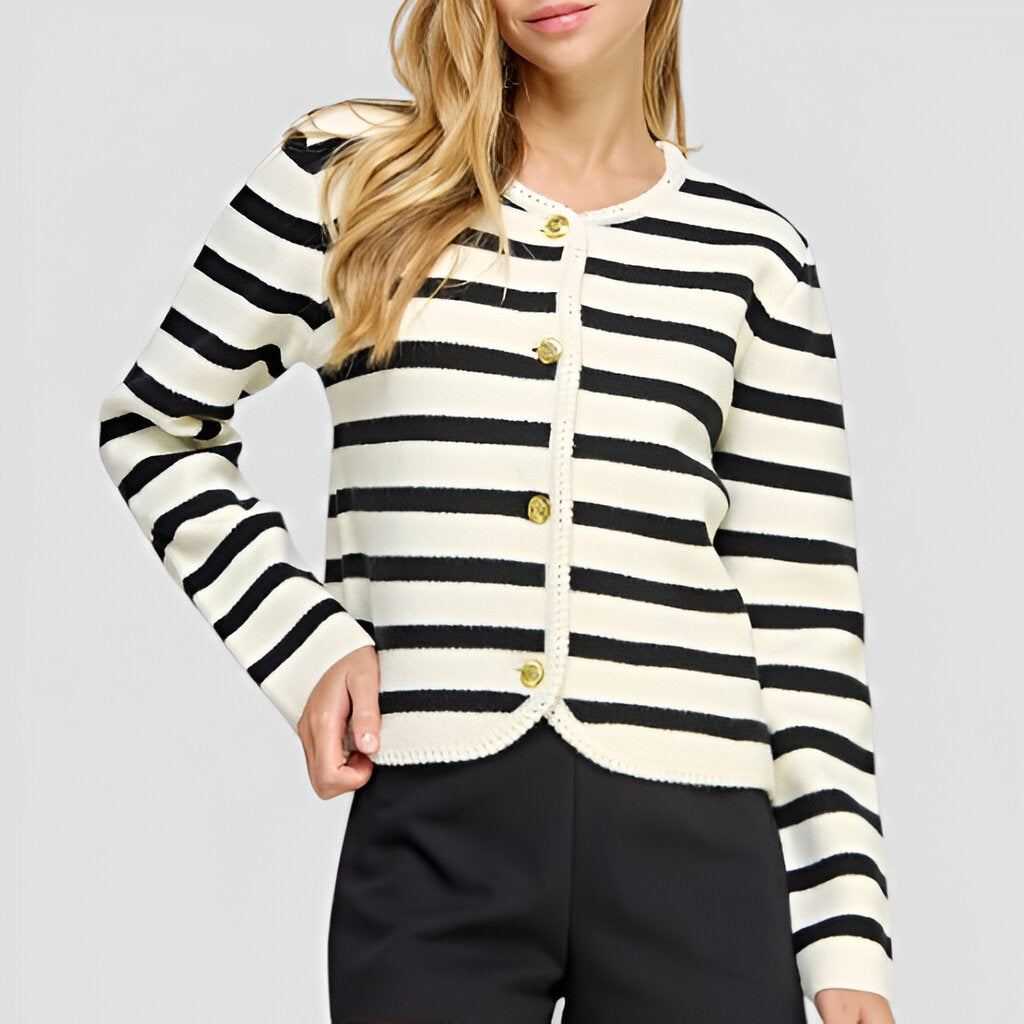 Striped Knit Cardigan with Gold Button Front and Ribbed Trim