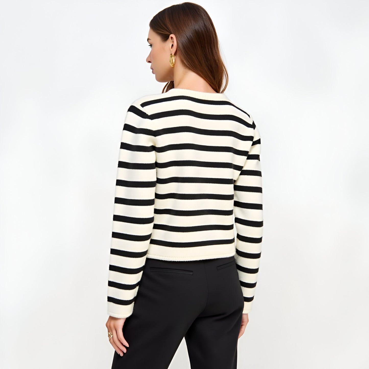 Striped Knit Cardigan with Gold Button Front and Ribbed Trim
