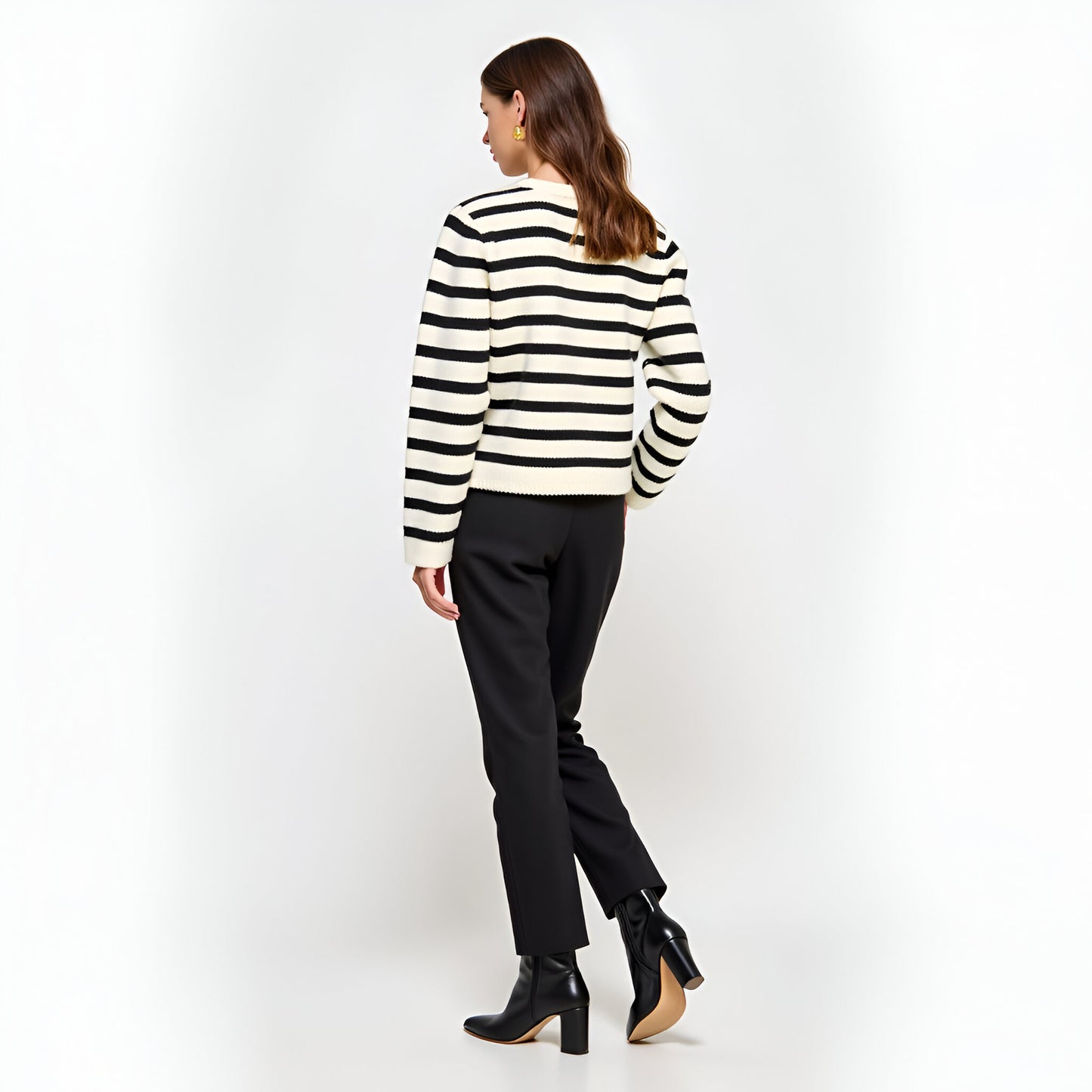 Striped Knit Cardigan with Gold Button Front and Ribbed Trim