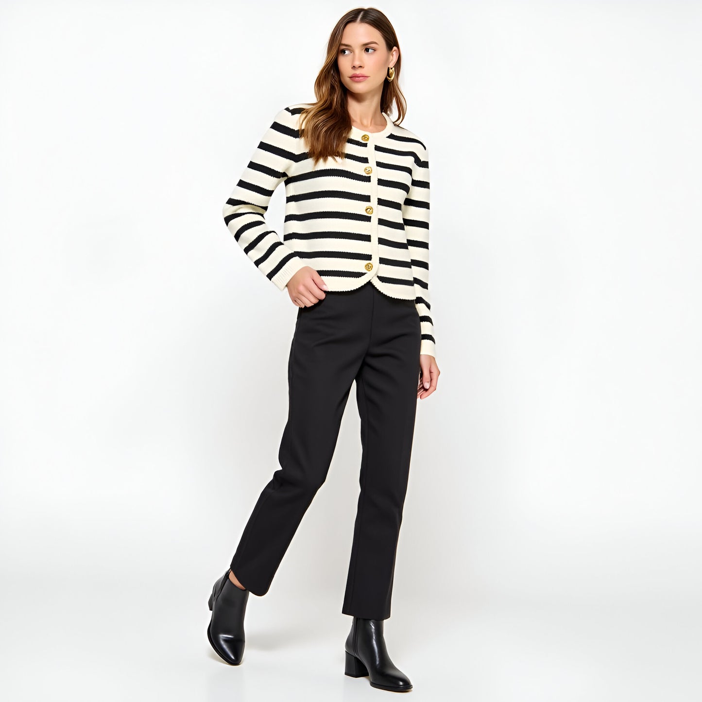 Striped Knit Cardigan with Gold Button Front and Ribbed Trim