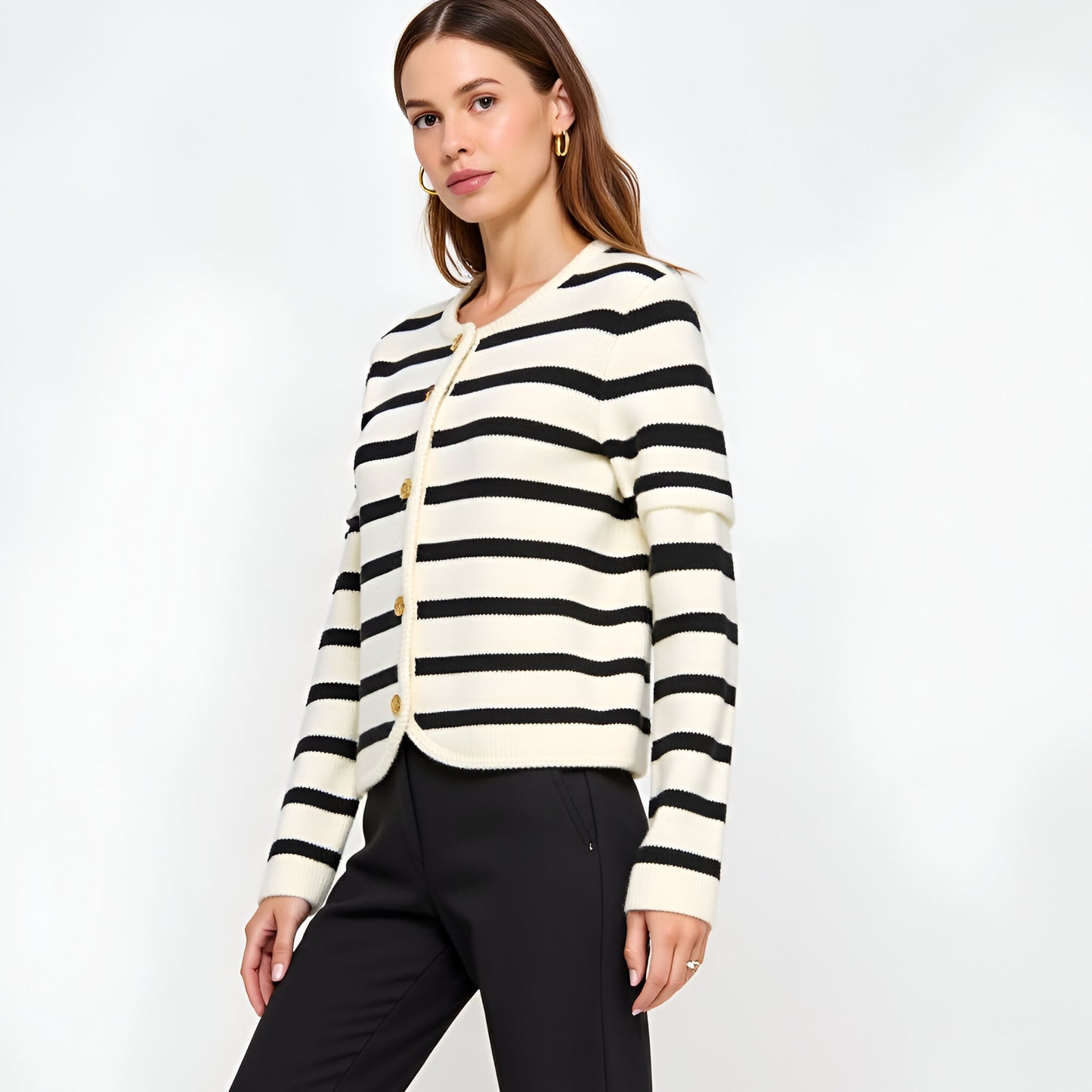Striped Knit Cardigan with Gold Button Front and Ribbed Trim
