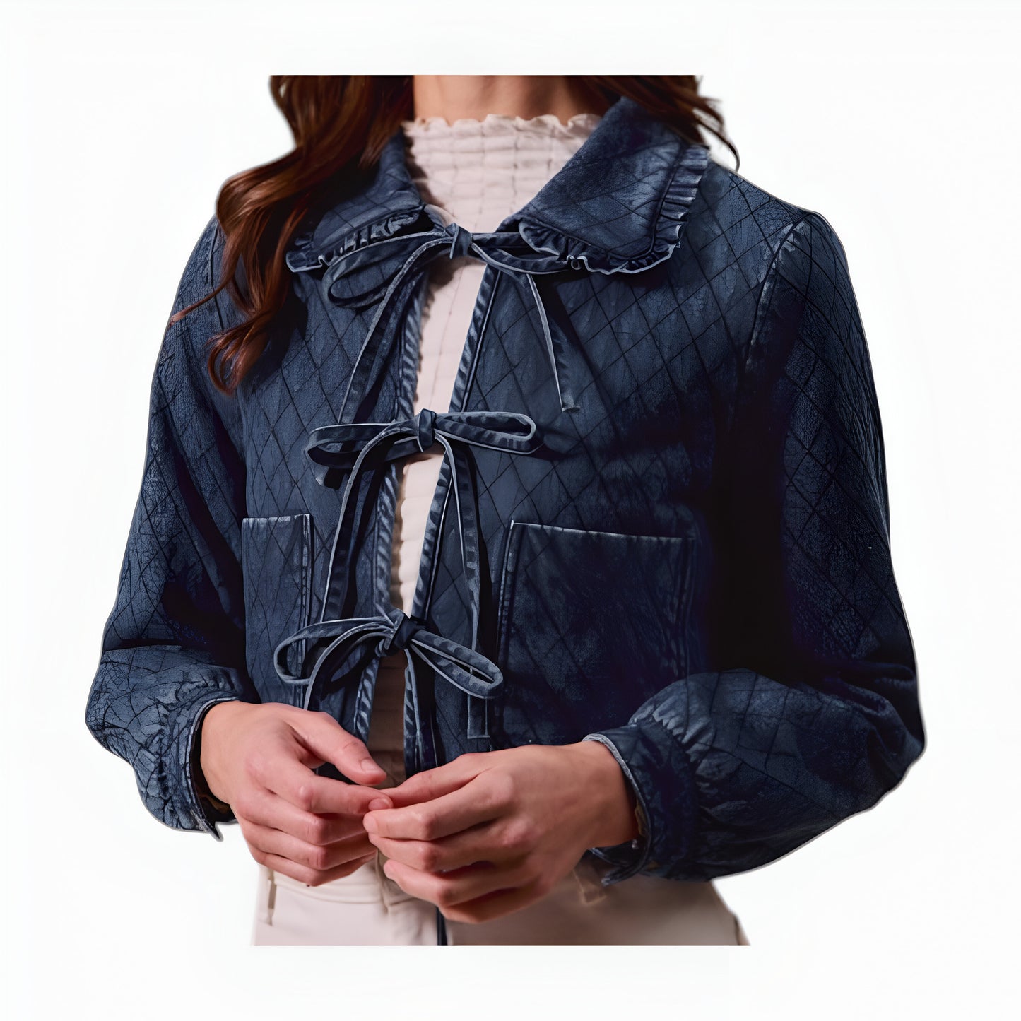 Quilted Cropped Denim Jacket with Front Tie Closure and Patch Pockets
