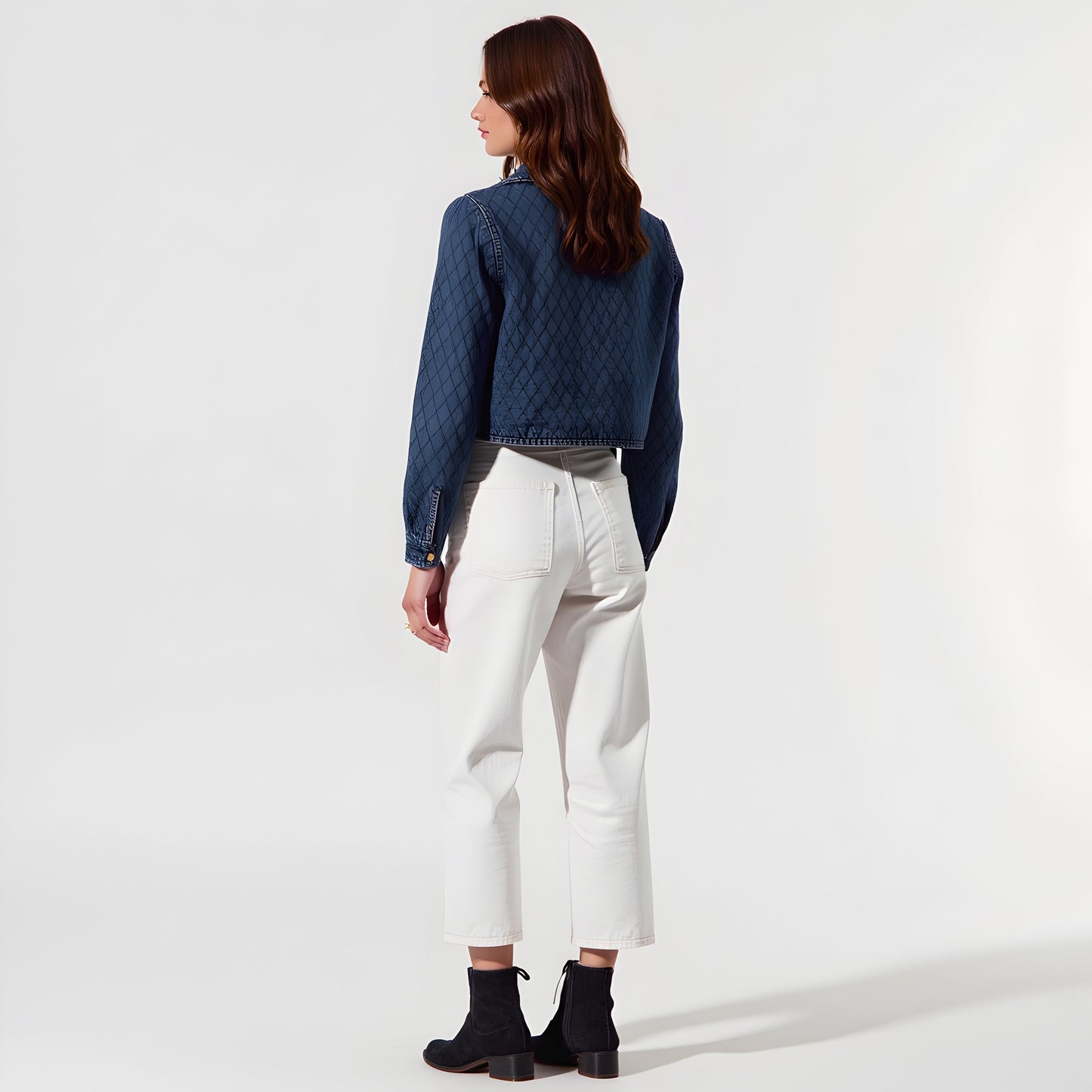 Quilted Cropped Denim Jacket with Front Tie Closure and Patch Pockets