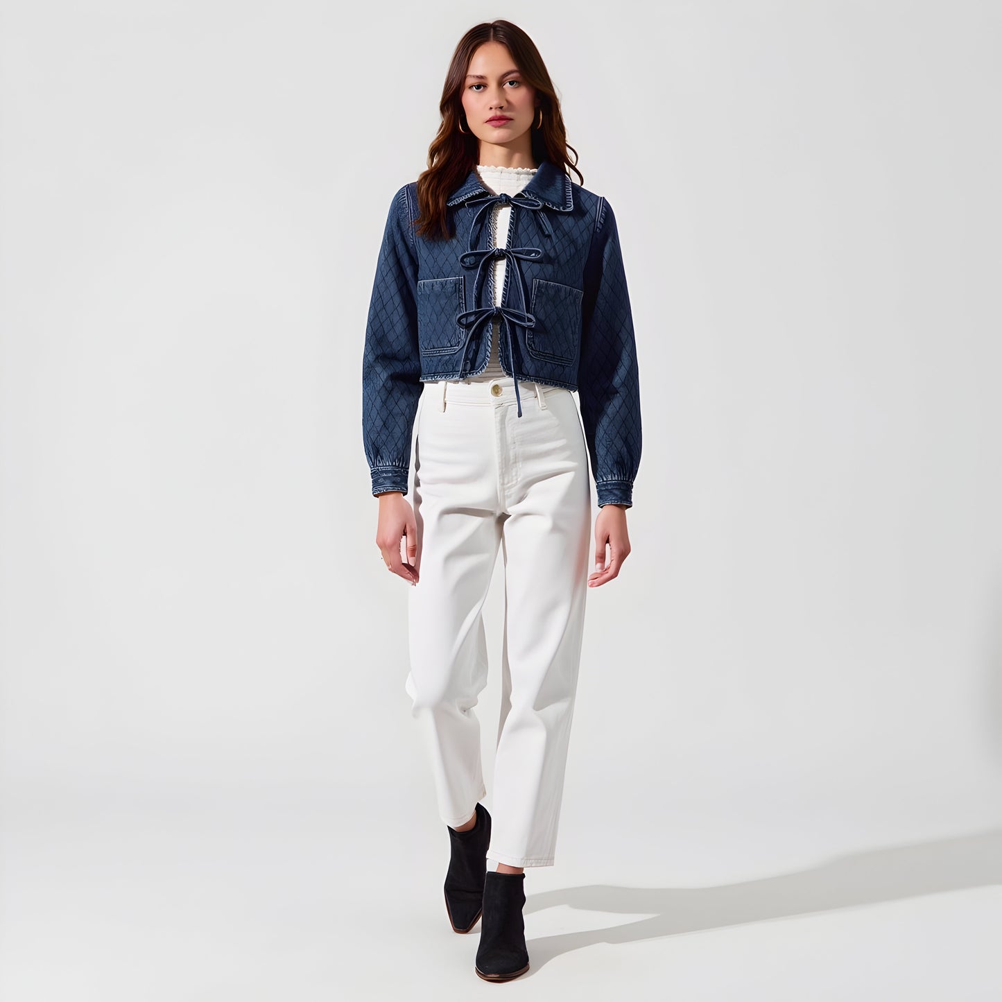 Quilted Cropped Denim Jacket with Front Tie Closure and Patch Pockets
