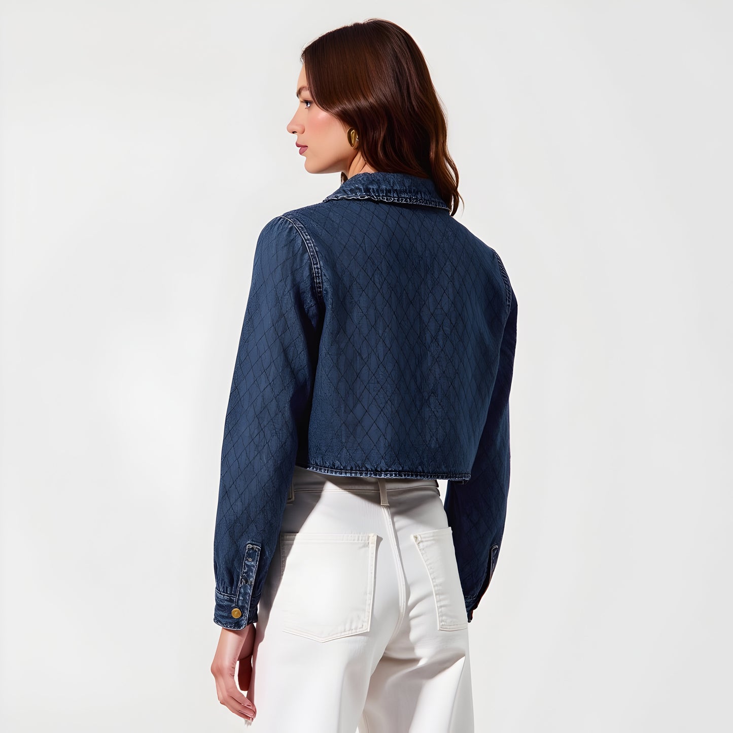 Quilted Cropped Denim Jacket with Front Tie Closure and Patch Pockets