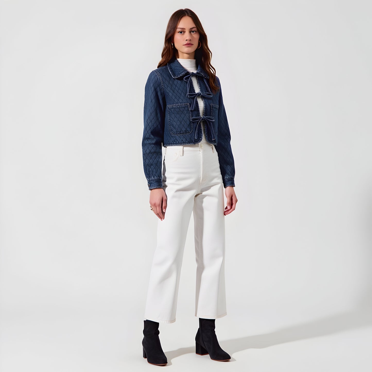 Quilted Cropped Denim Jacket with Front Tie Closure and Patch Pockets