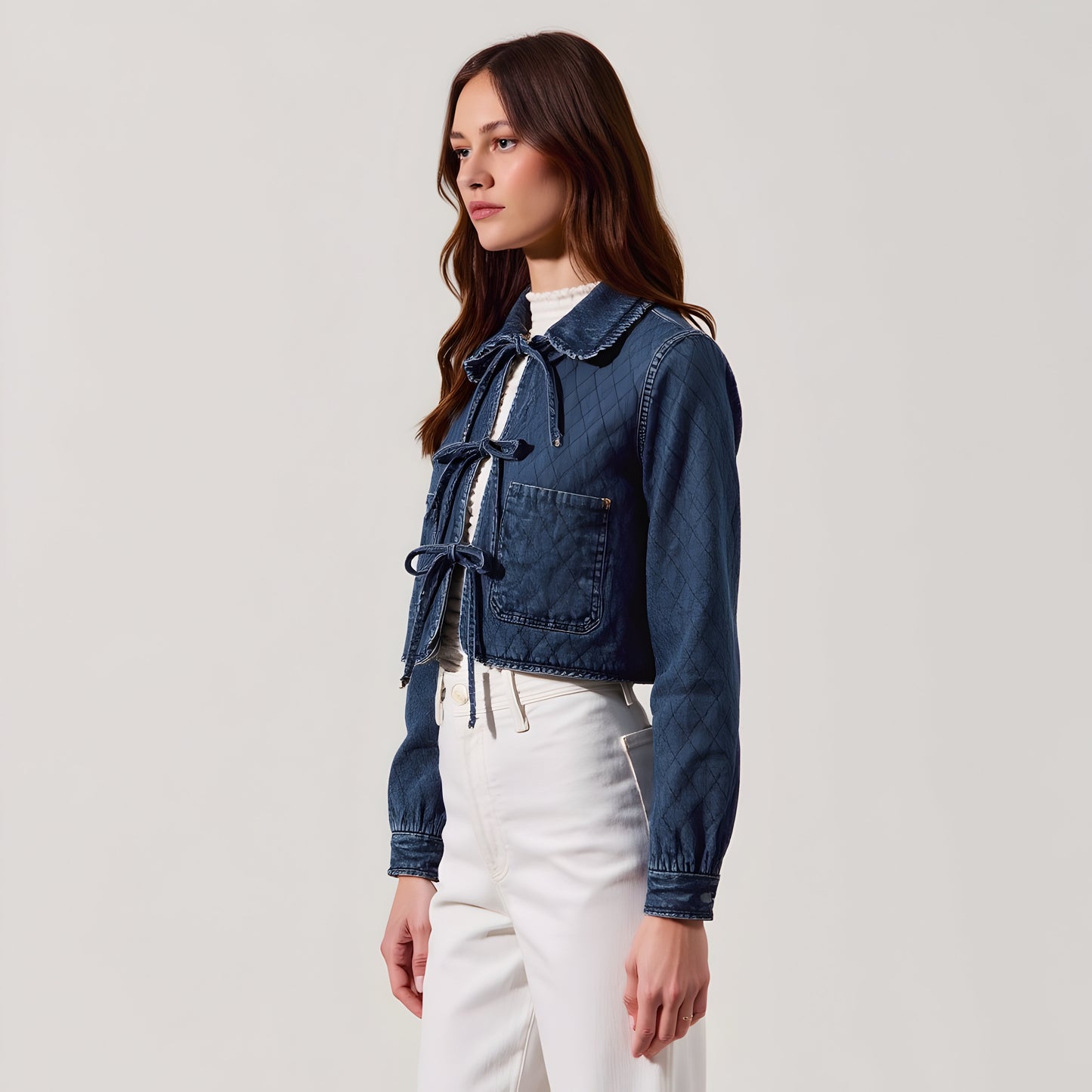Quilted Cropped Denim Jacket with Front Tie Closure and Patch Pockets