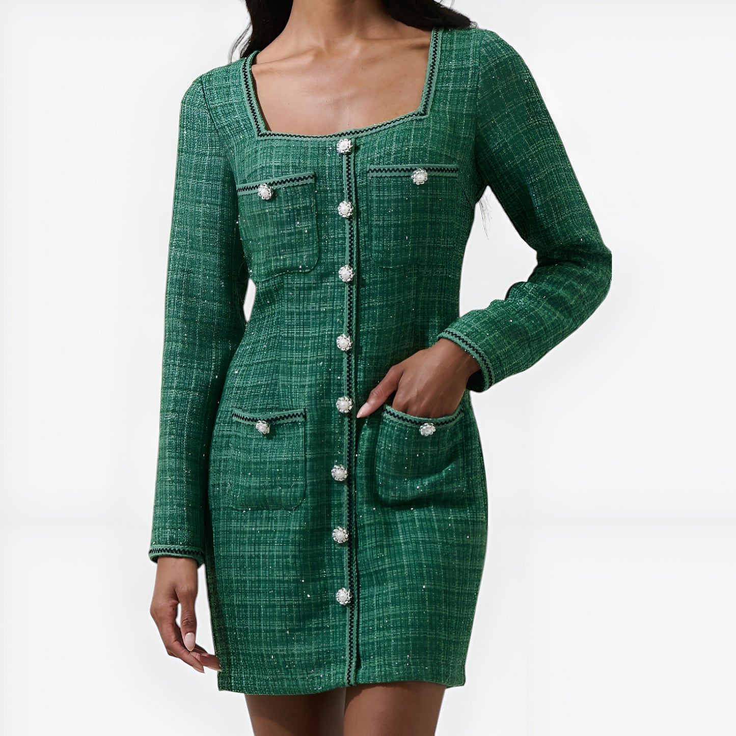 Tweed Long Sleeve Mini Dress with Pearl Buttons and Front Pockets