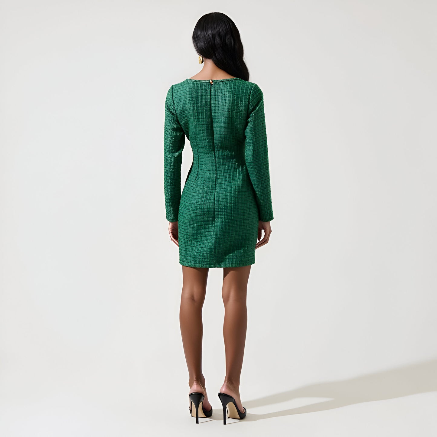 Tweed Long Sleeve Mini Dress with Pearl Buttons and Front Pockets