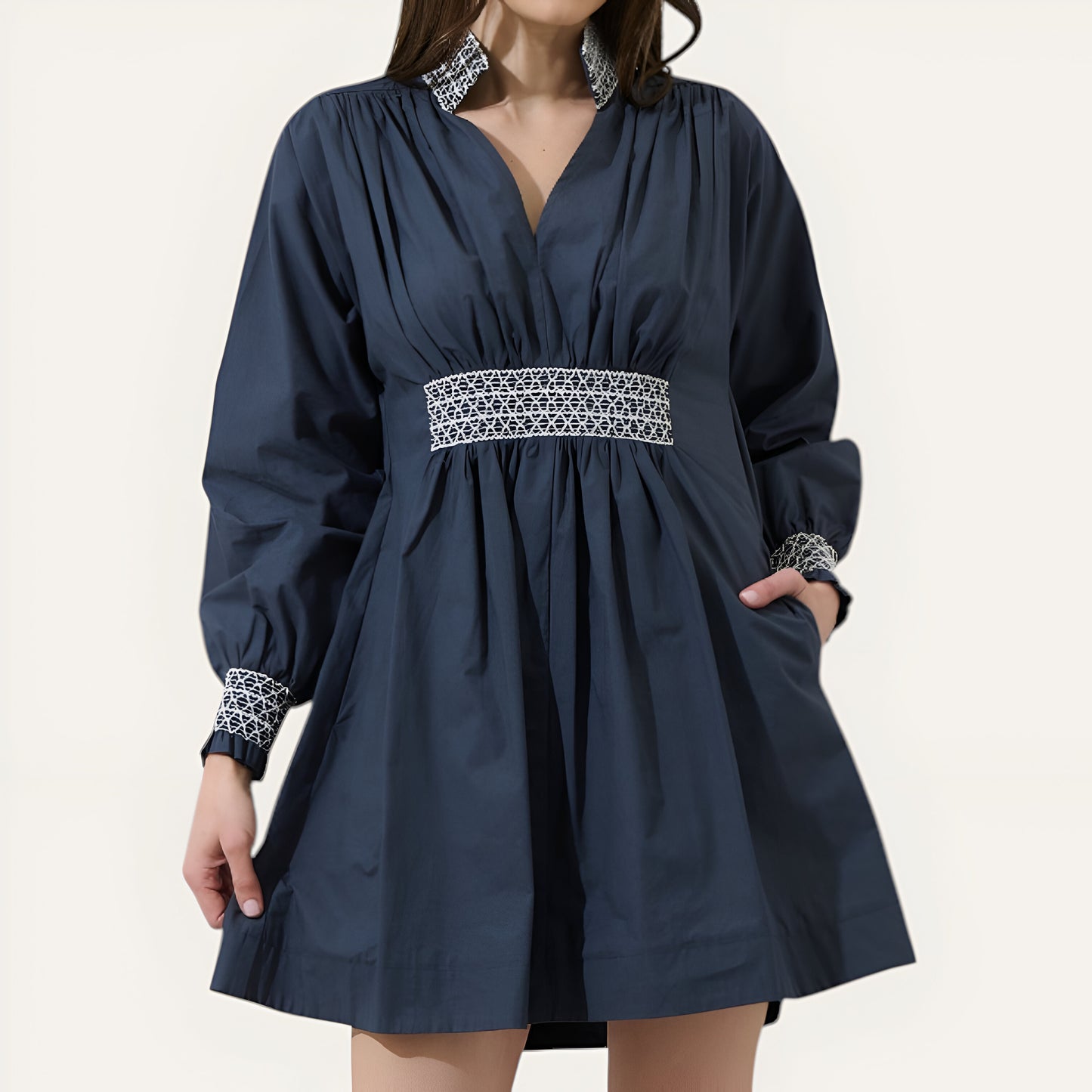 Long Sleeve Mini Dress with Embroidered Waist, Cuffs and Collar
