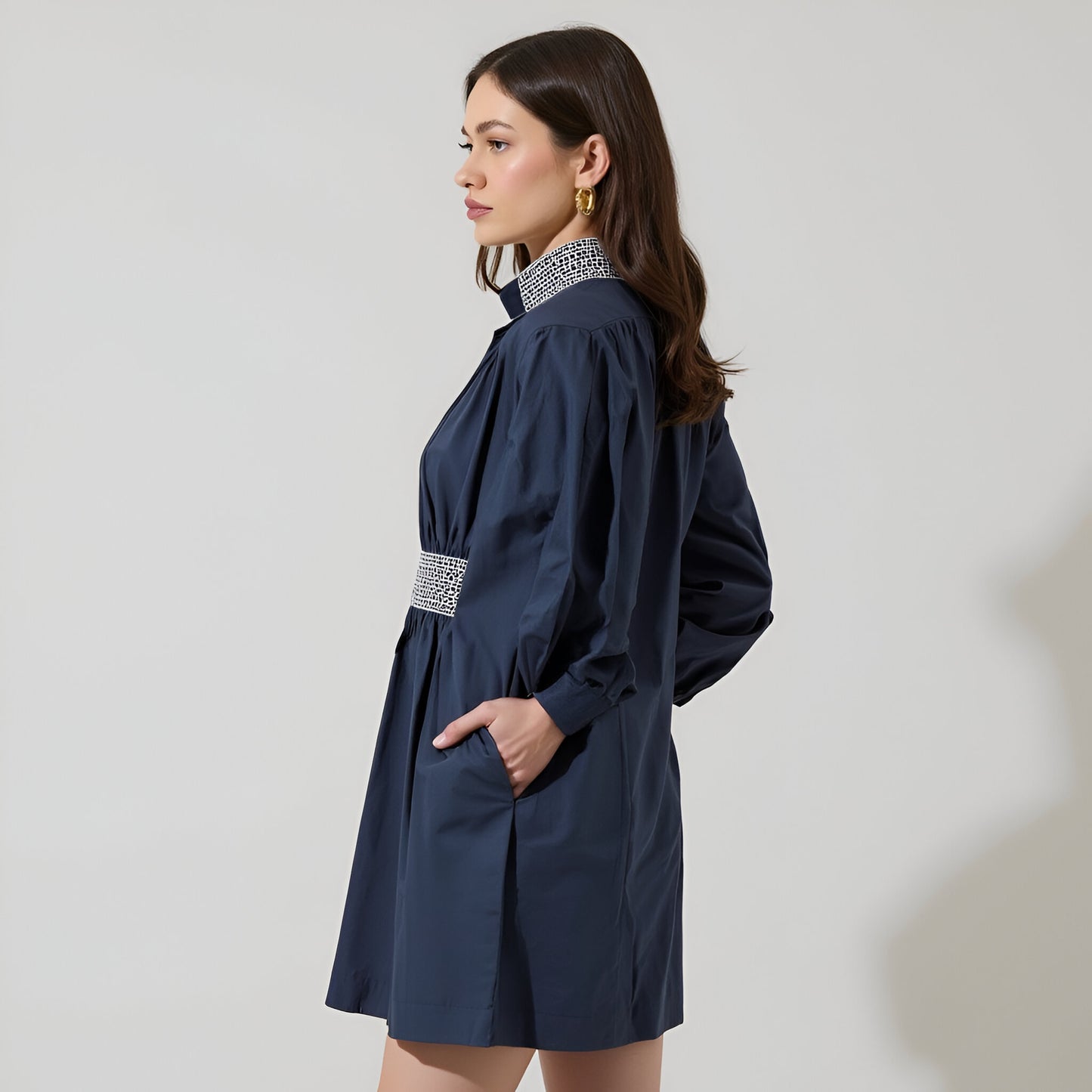 Long Sleeve Mini Dress with Embroidered Waist, Cuffs and Collar