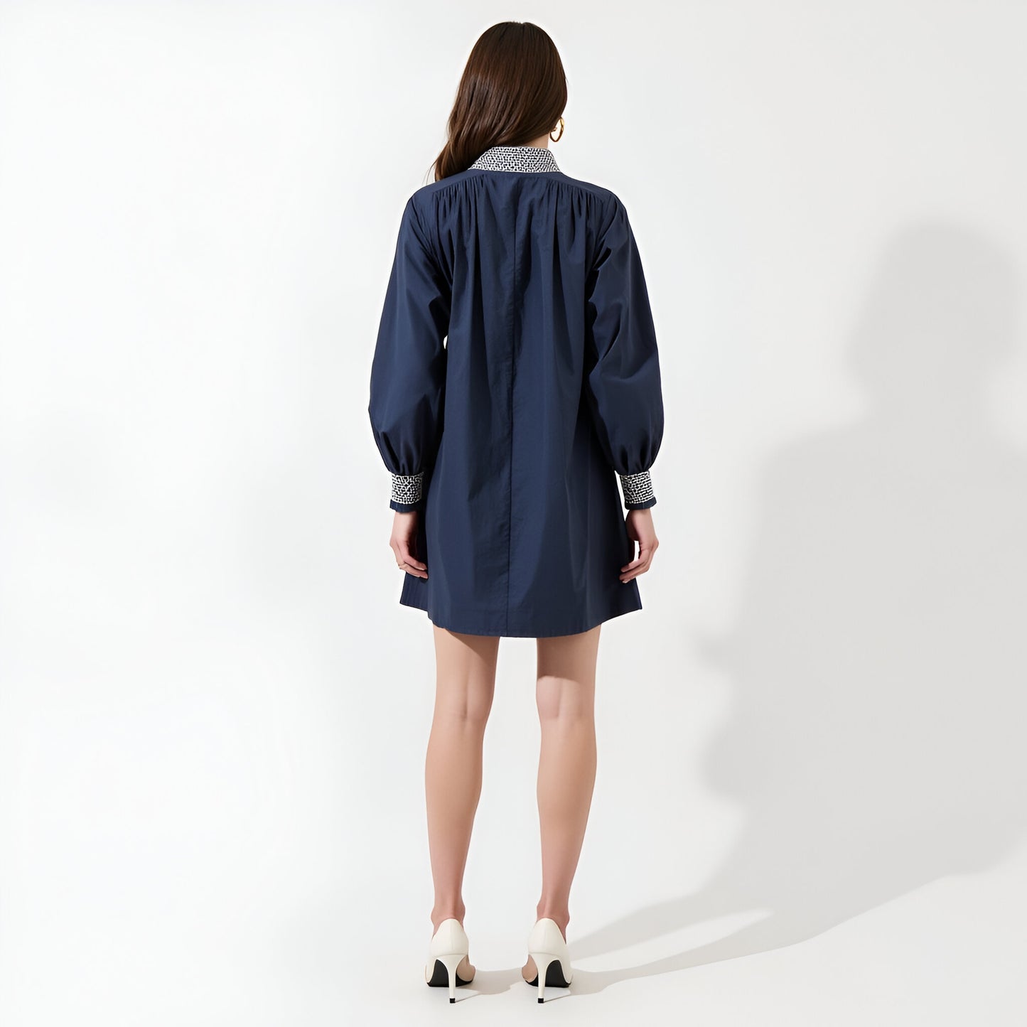 Long Sleeve Mini Dress with Embroidered Waist, Cuffs and Collar