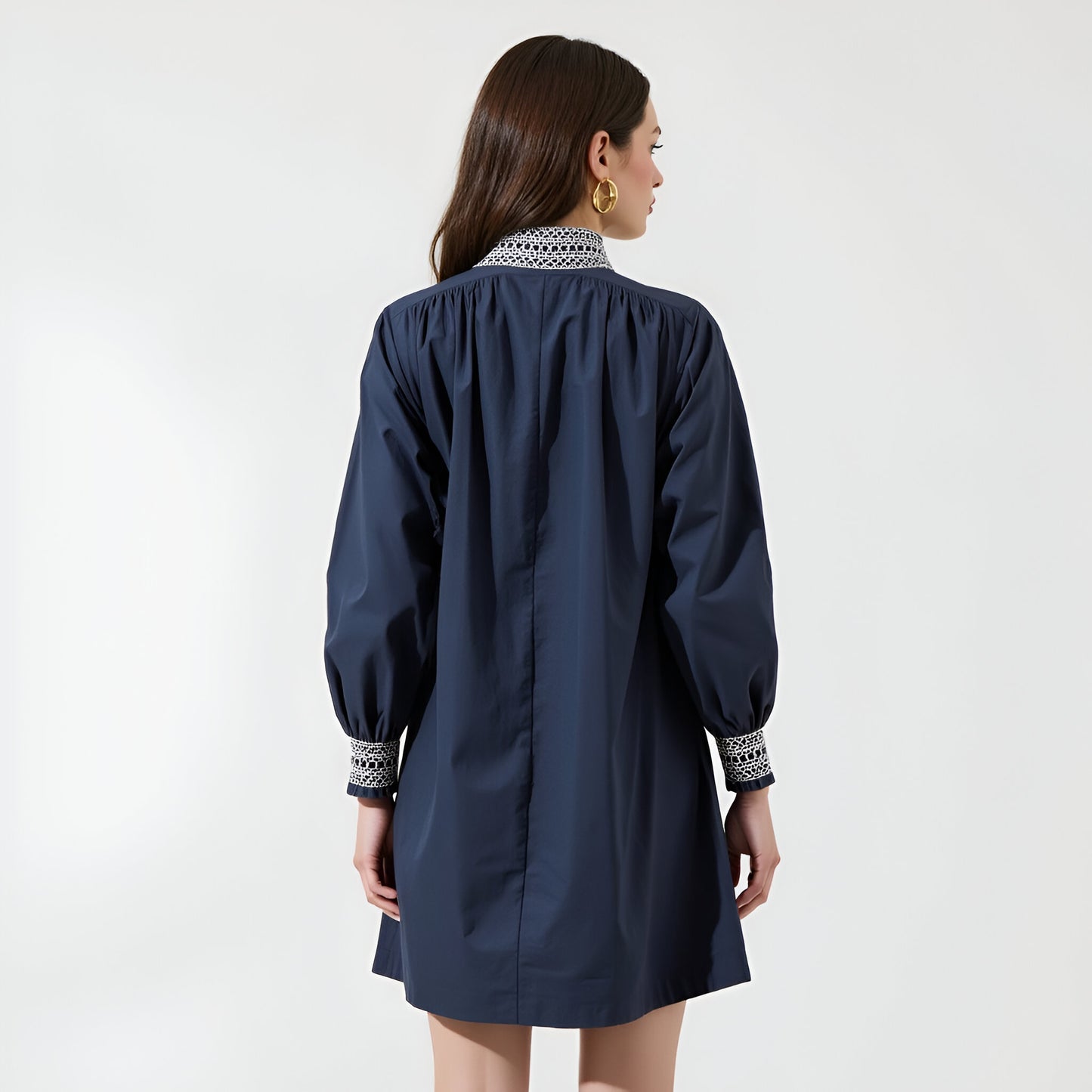 Long Sleeve Mini Dress with Embroidered Waist, Cuffs and Collar