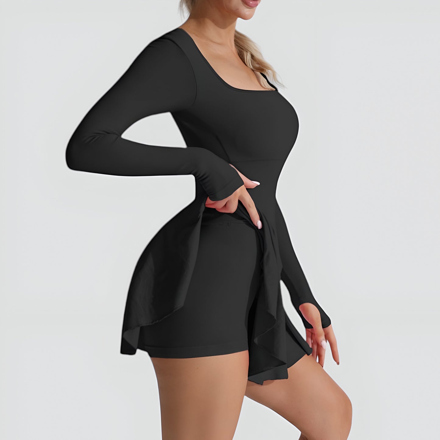 Long Sleeve Active Romper Dress with Thumbholes and Open Crisscross Back