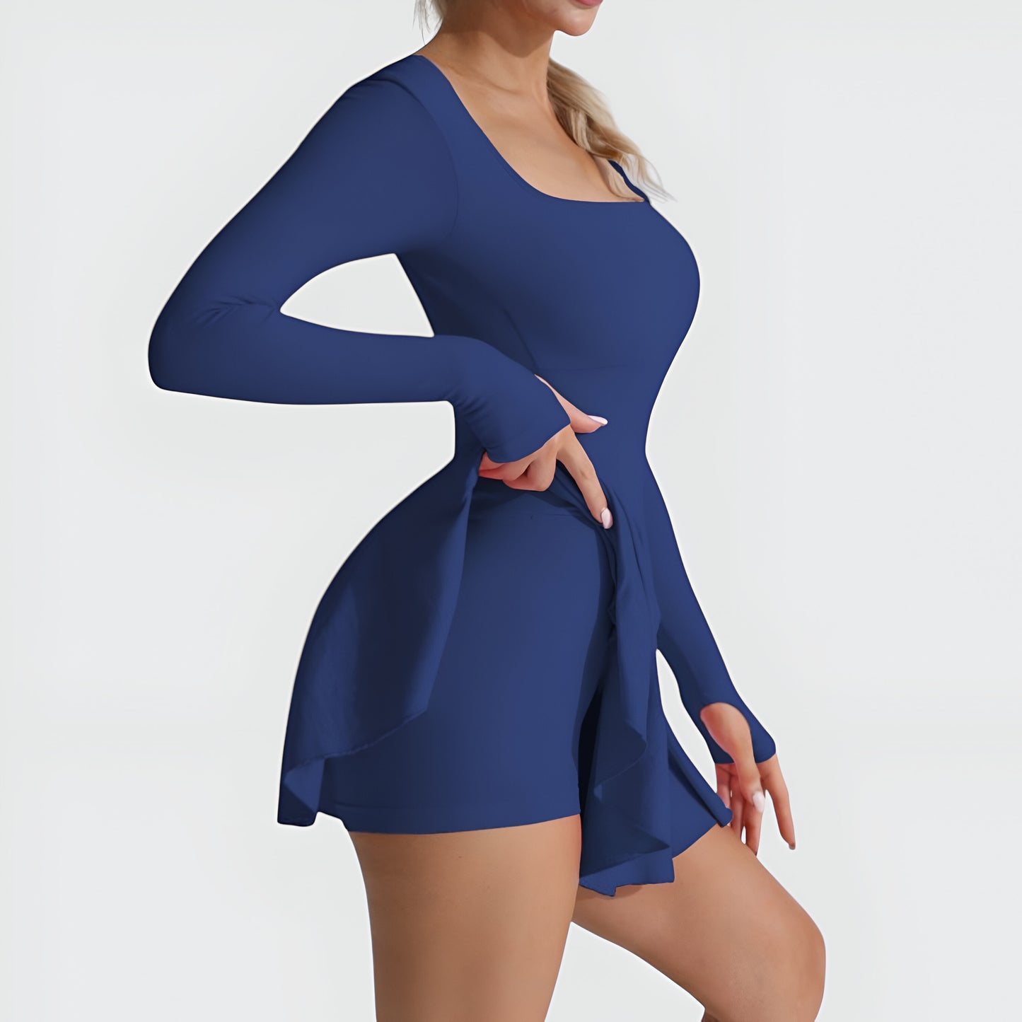 Long Sleeve Active Romper Dress with Thumbholes and Open Crisscross Back