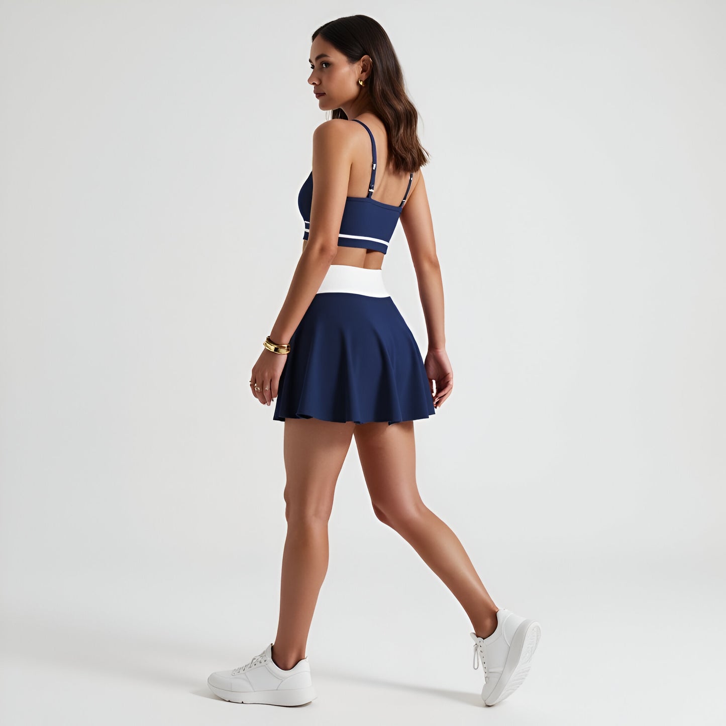 Active Skirt Set with Contrast Waistband and Strappy Crop Top Design