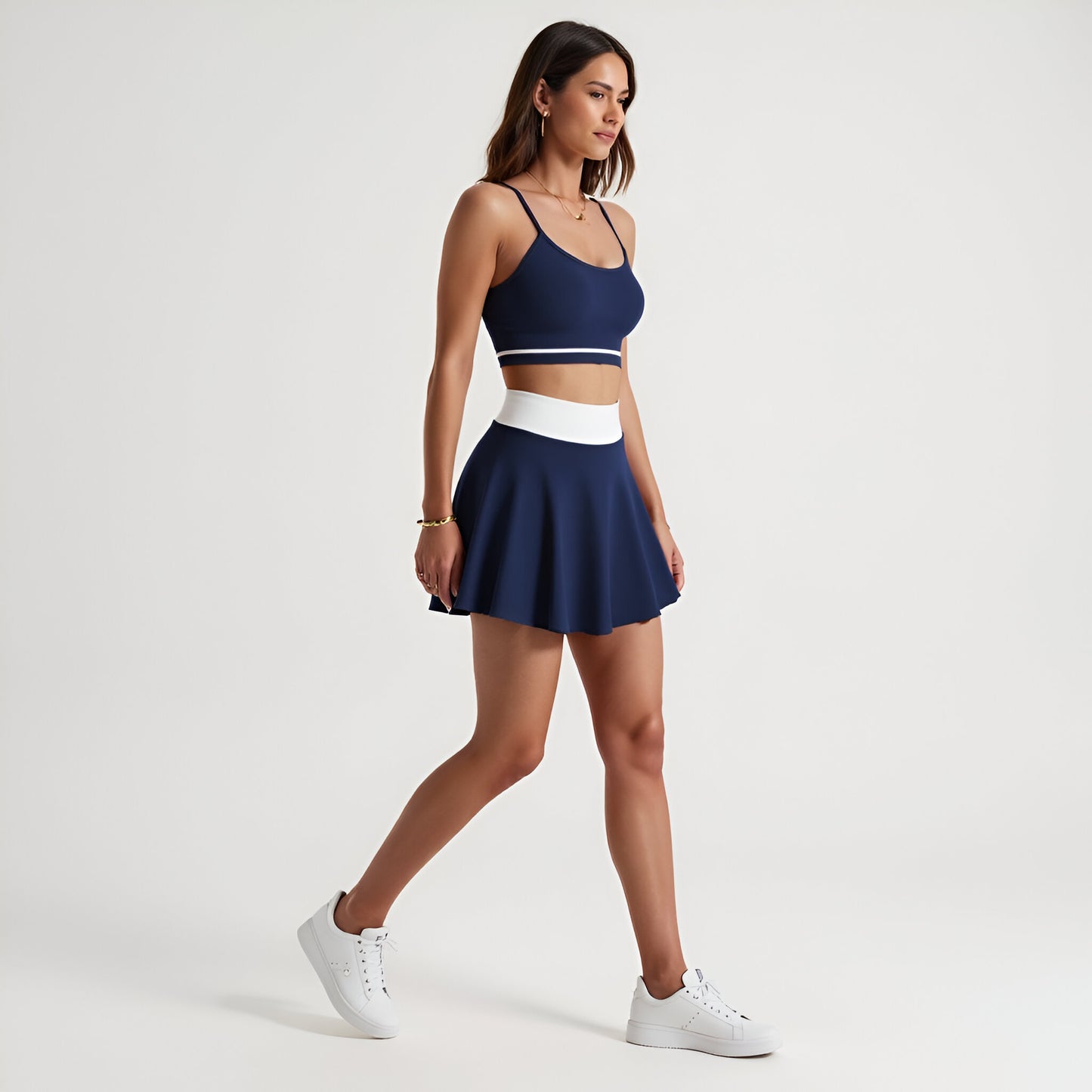 Active Skirt Set with Contrast Waistband and Strappy Crop Top Design