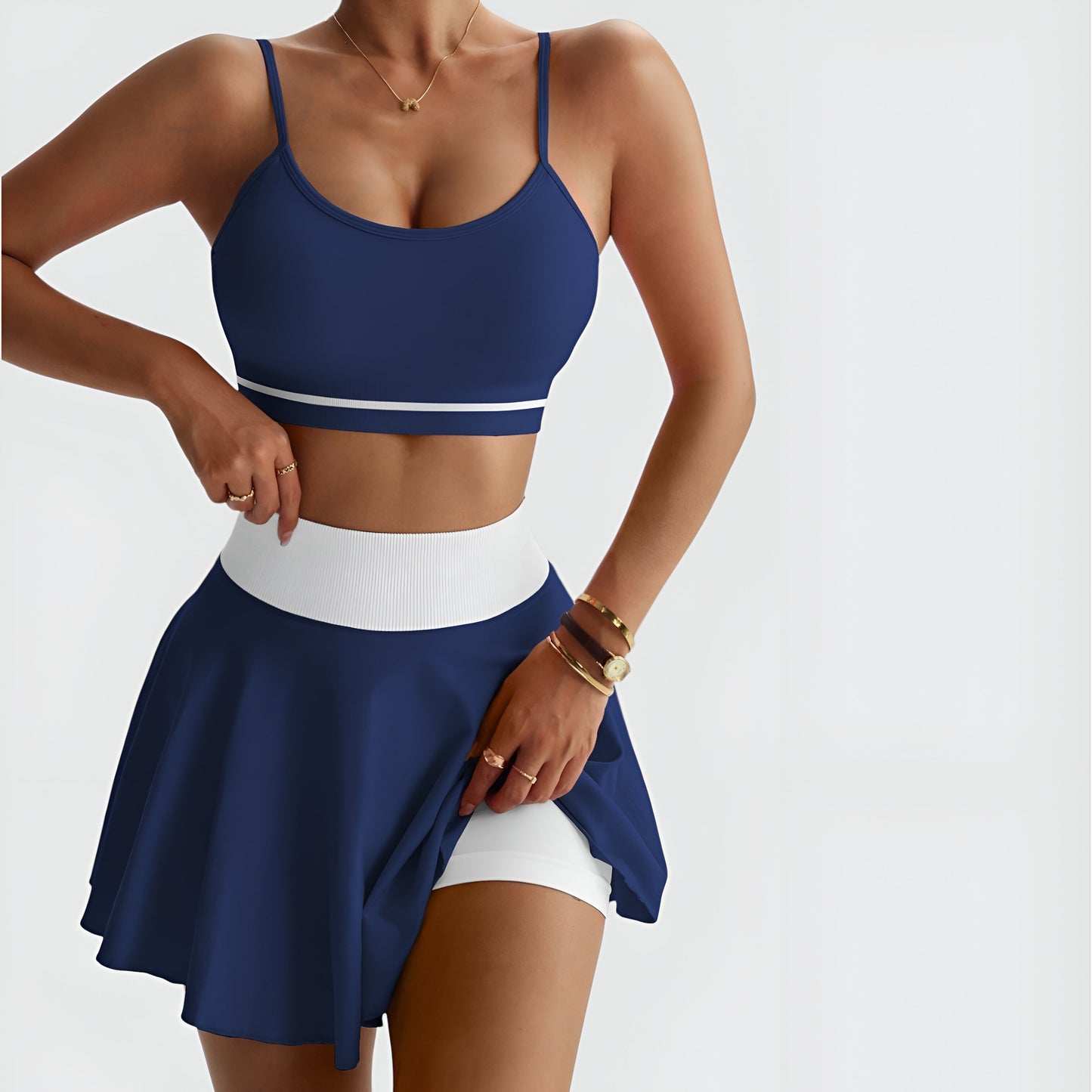 Active Skirt Set with Contrast Waistband and Strappy Crop Top Design