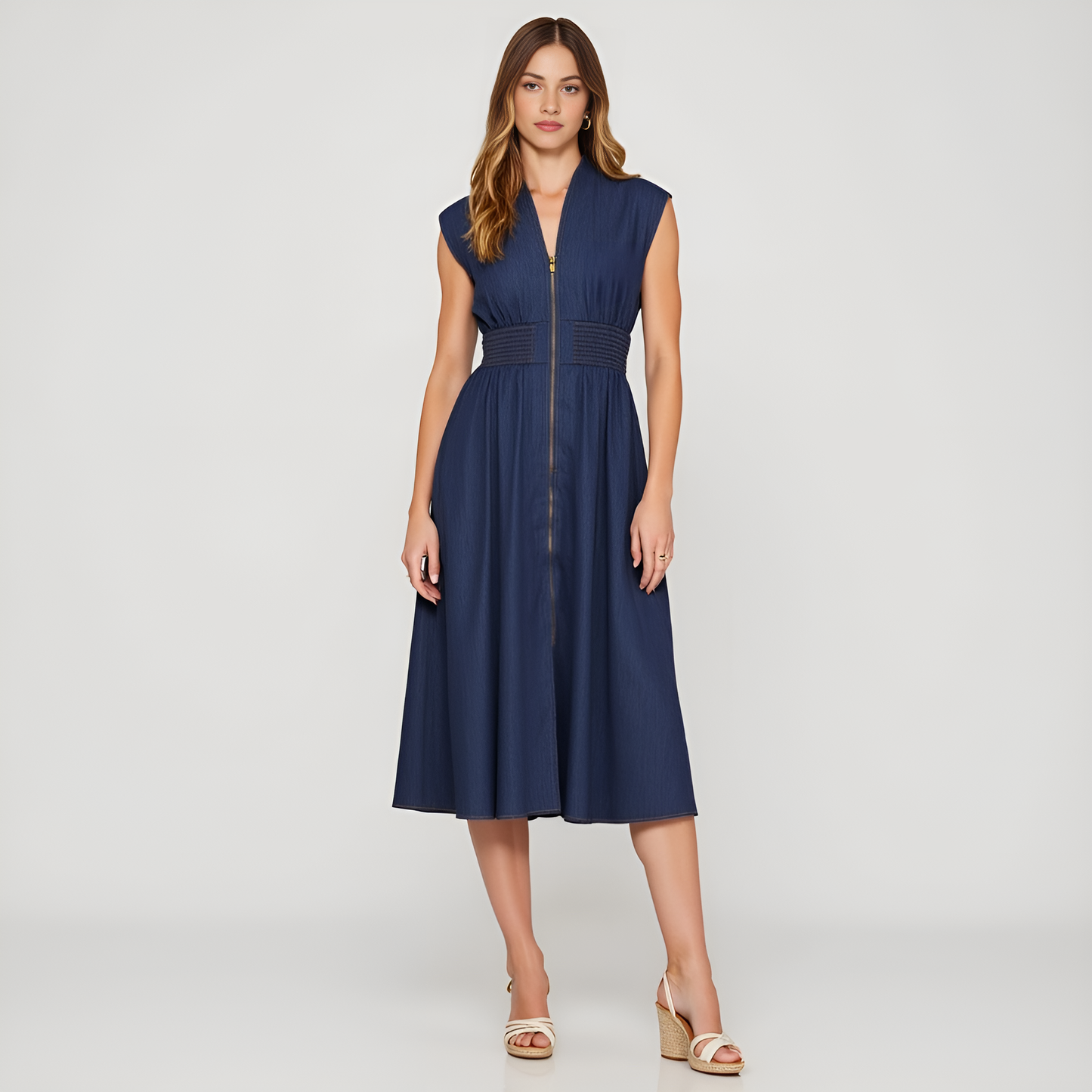Zip Front Sleeveless Denim Midi Dress with Smocked Waist Detail