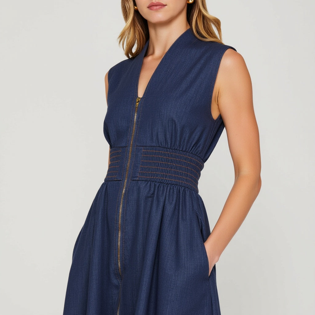 Zip Front Sleeveless Denim Midi Dress with Smocked Waist Detail