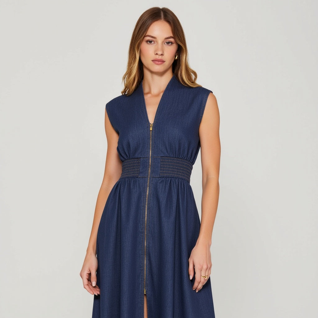 Zip Front Sleeveless Denim Midi Dress with Smocked Waist Detail