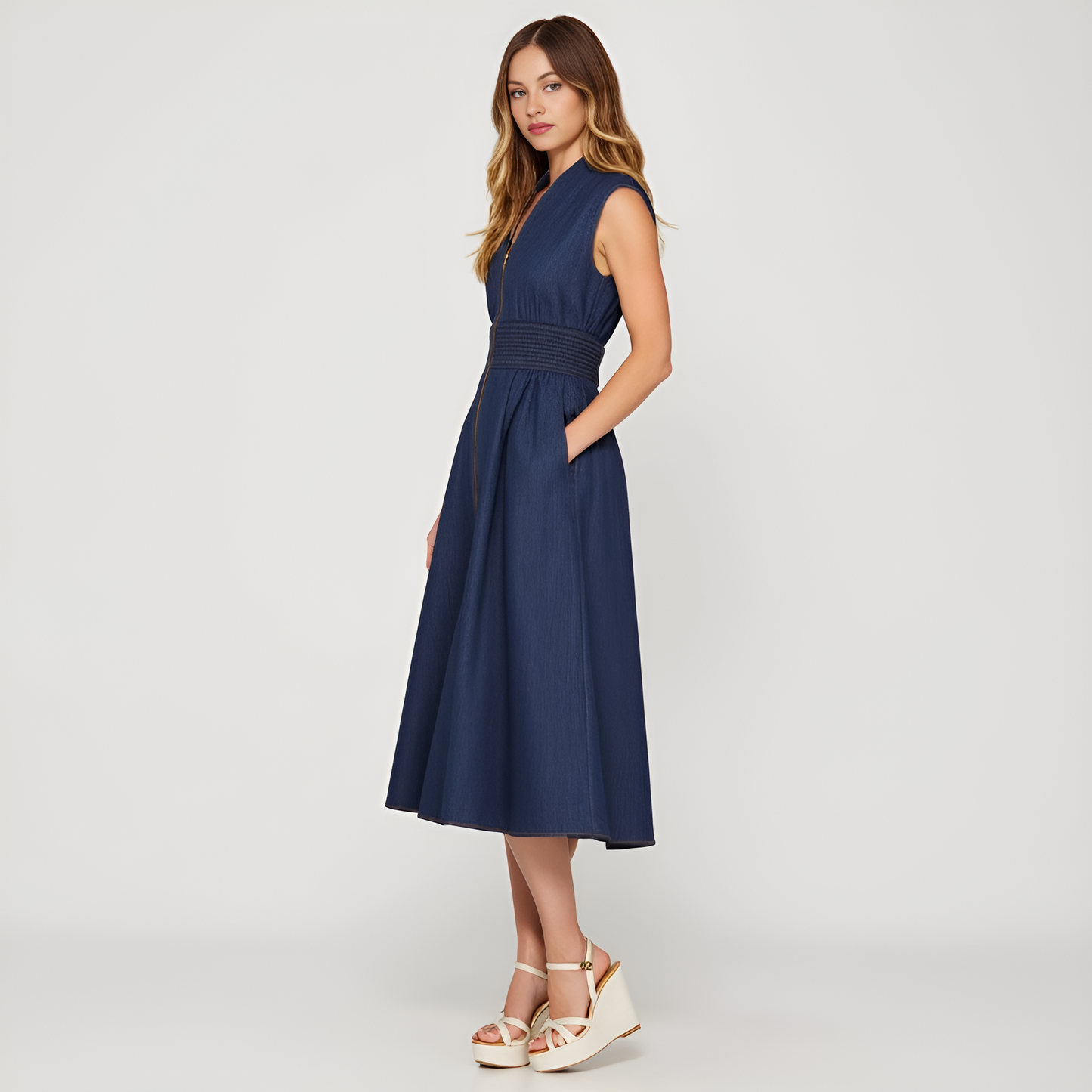 Zip Front Sleeveless Denim Midi Dress with Smocked Waist Detail