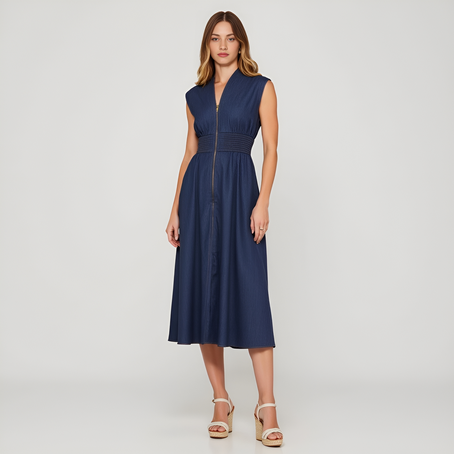 Zip Front Sleeveless Denim Midi Dress with Smocked Waist Detail