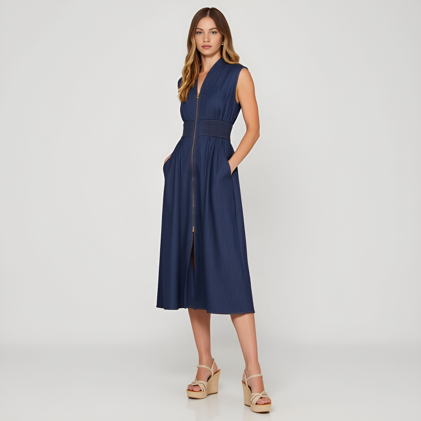 Zip Front Sleeveless Denim Midi Dress with Smocked Waist Detail