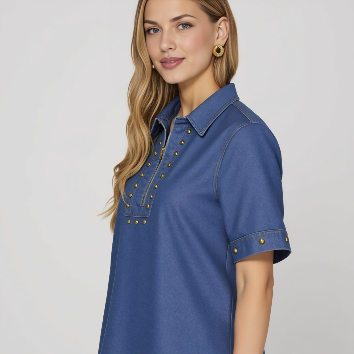 Denim Studded Half Zip Mini Dress with Collar and Short Sleeves
