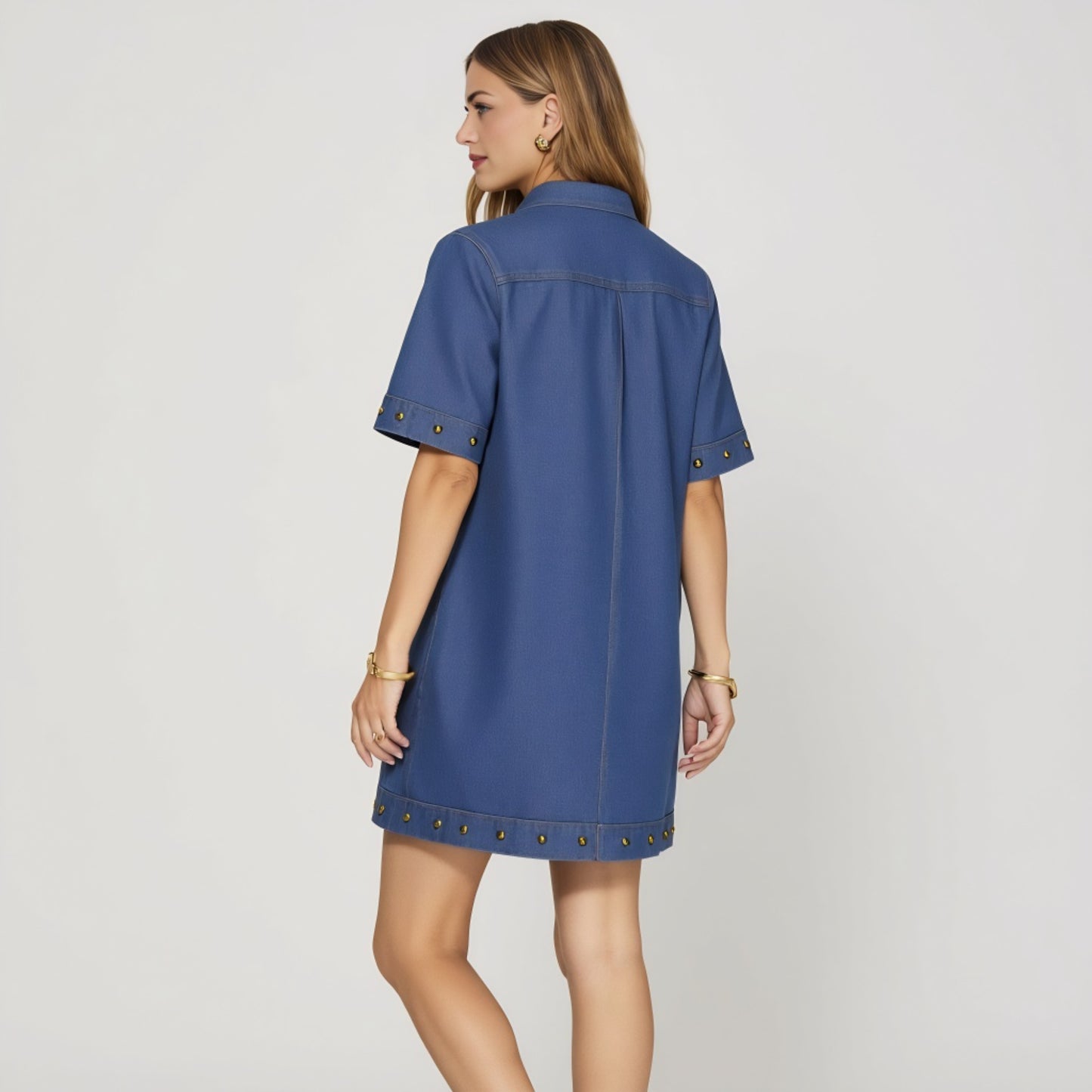 Denim Studded Half Zip Mini Dress with Collar and Short Sleeves