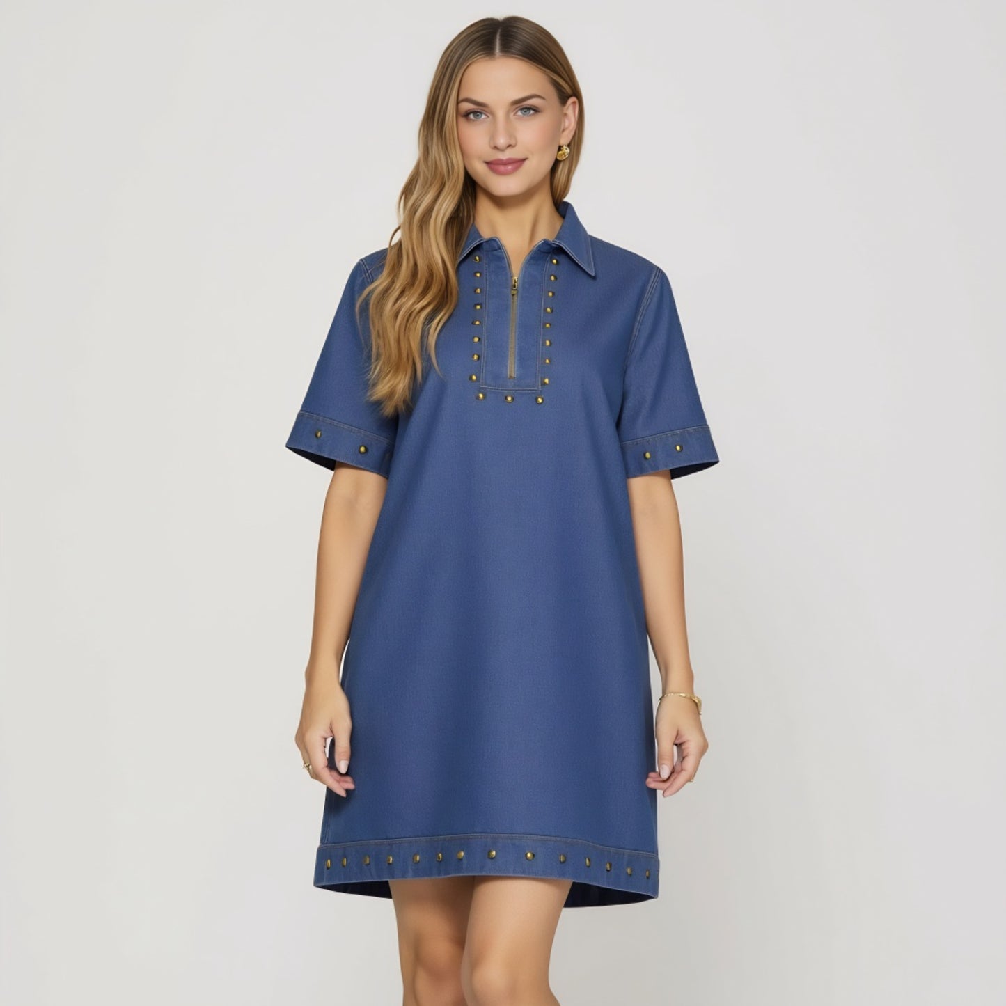 Denim Studded Half Zip Mini Dress with Collar and Short Sleeves
