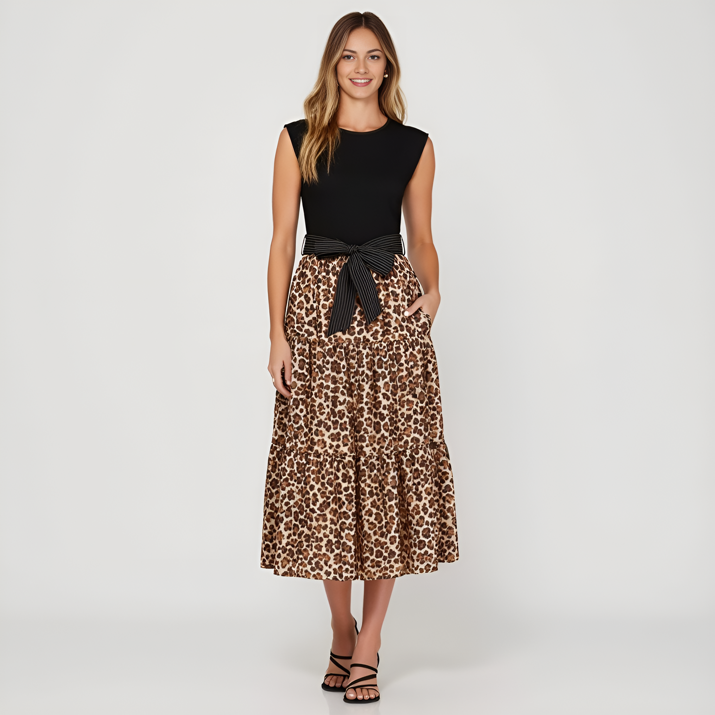 Sleeveless Mixed-Media Leopard Print Midi Dress with Contrast Waist Tie