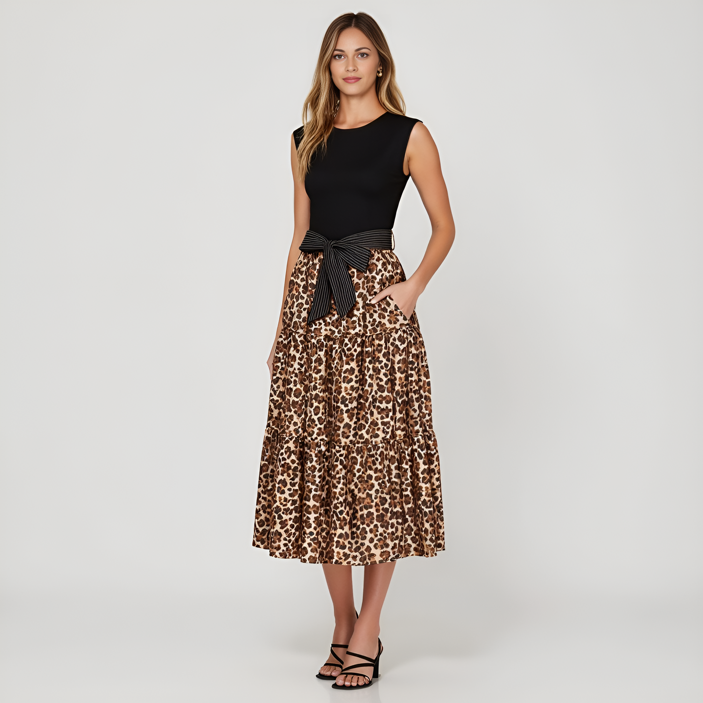 Sleeveless Mixed-Media Leopard Print Midi Dress with Contrast Waist Tie