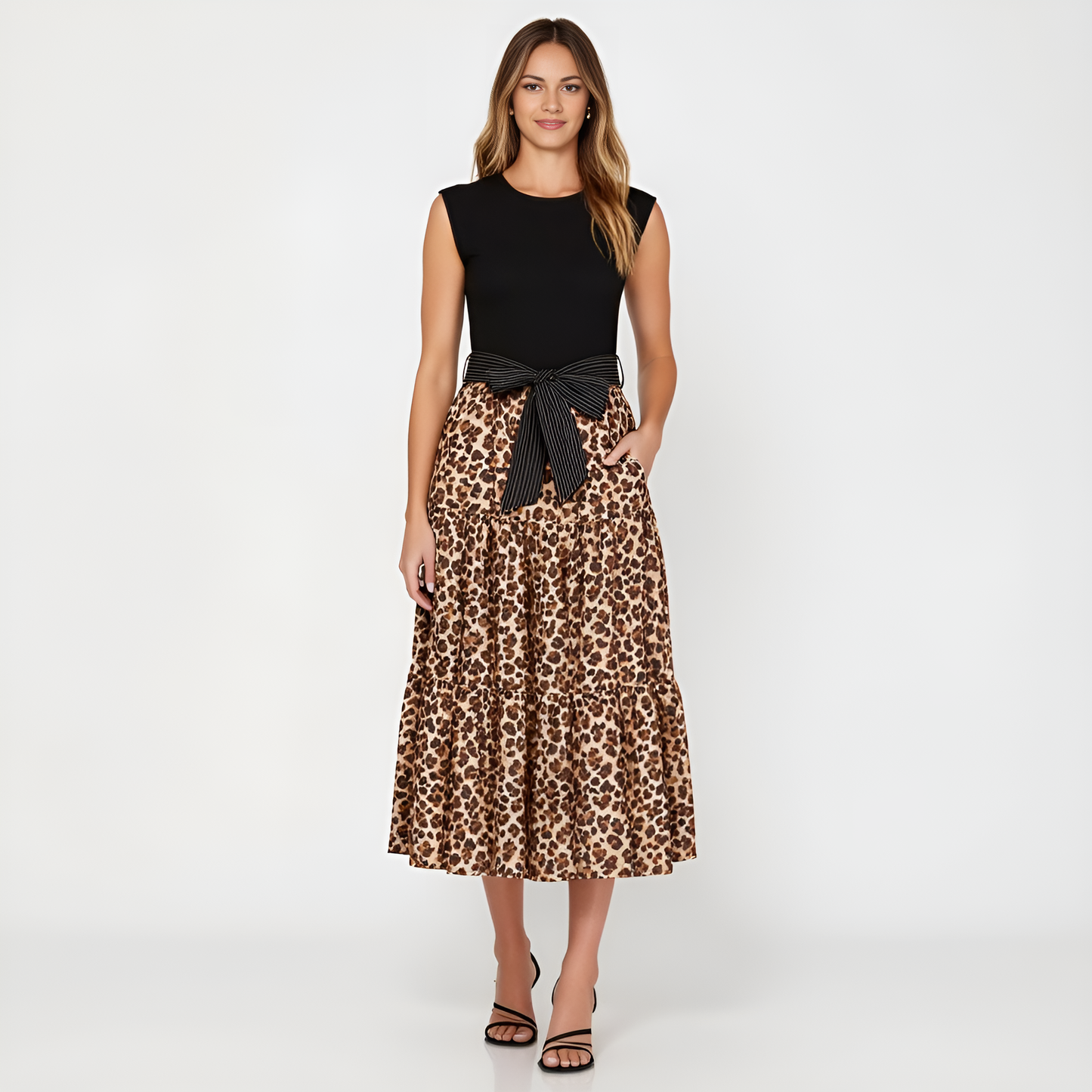 Sleeveless Mixed-Media Leopard Print Midi Dress with Contrast Waist Tie