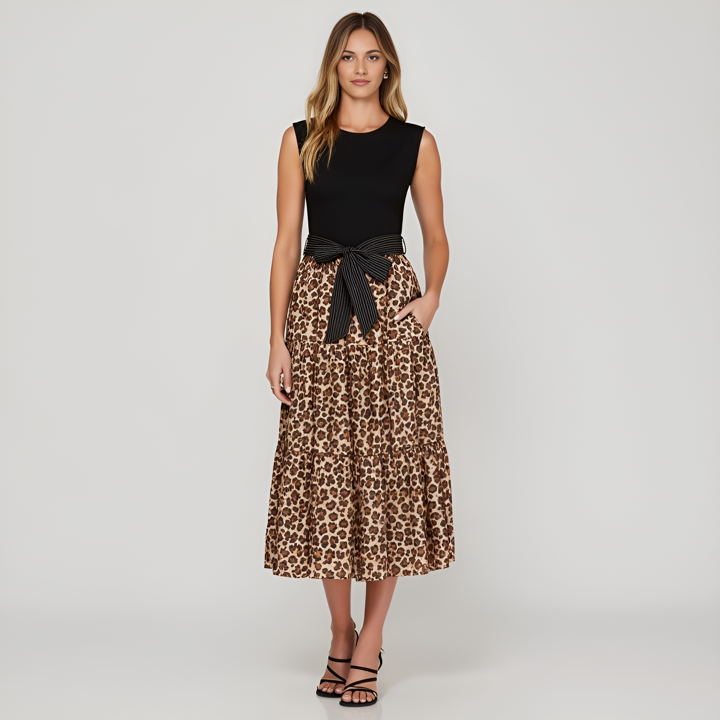 Sleeveless Mixed-Media Leopard Print Midi Dress with Contrast Waist Tie