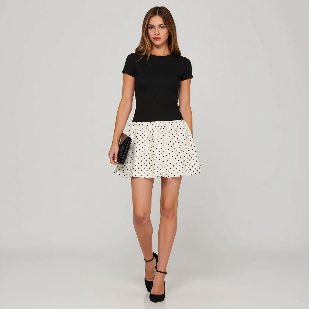 Fitted Knit Bodice Short Sleeve Dress with Polka Dot Bubble Skirt
