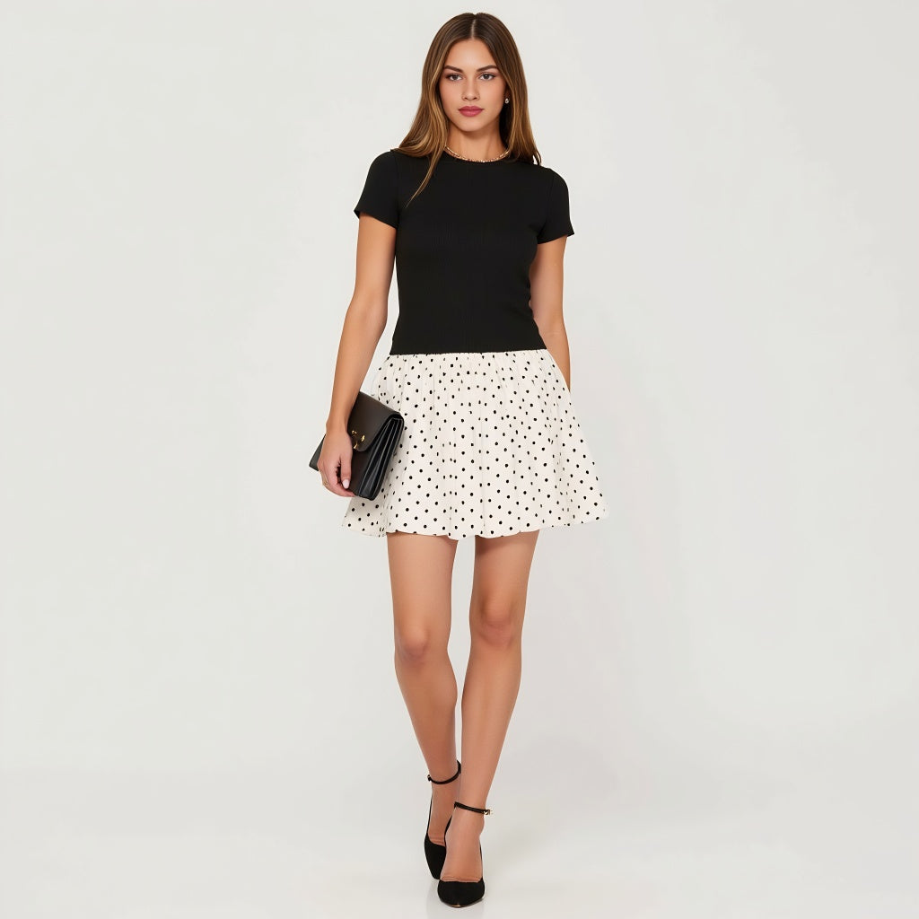 Fitted Knit Bodice Short Sleeve Dress with Polka Dot Bubble Skirt