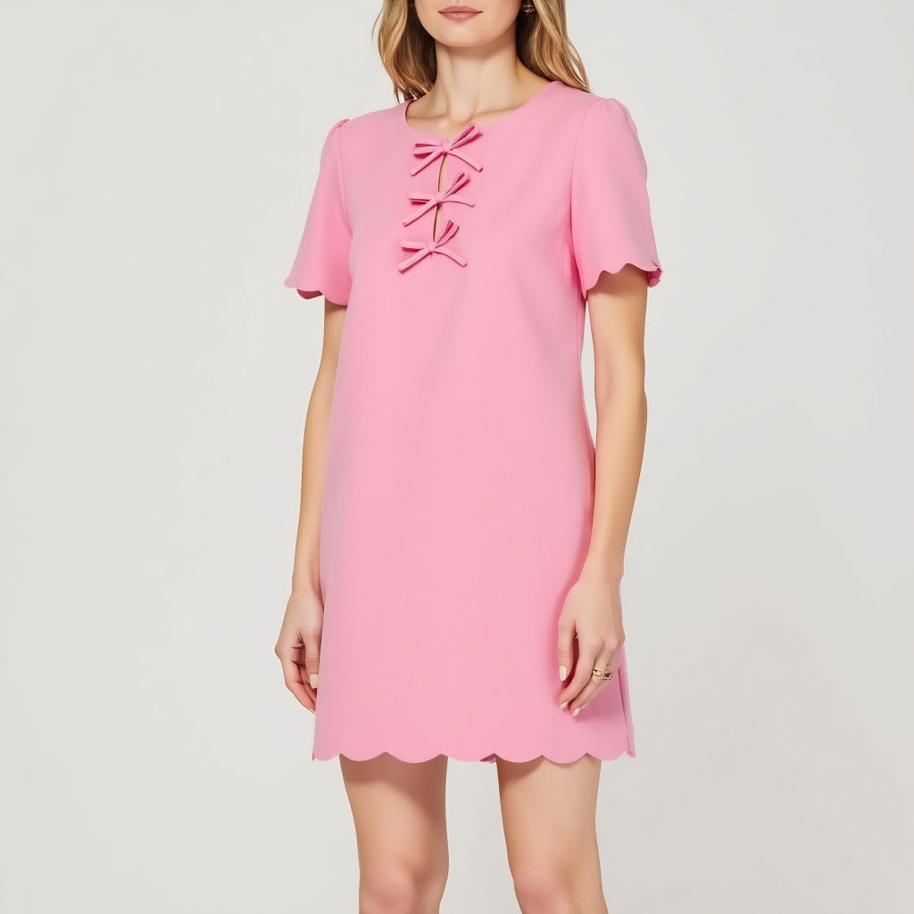 Scallop Hem Shift Dress with Front Bow Tie Detail and Keyhole Neckline