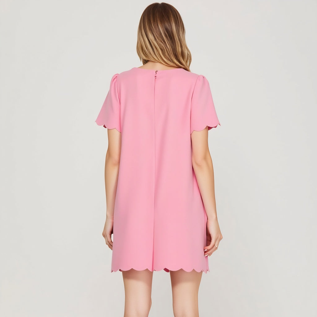 Scallop Hem Shift Dress with Front Bow Tie Detail and Keyhole Neckline