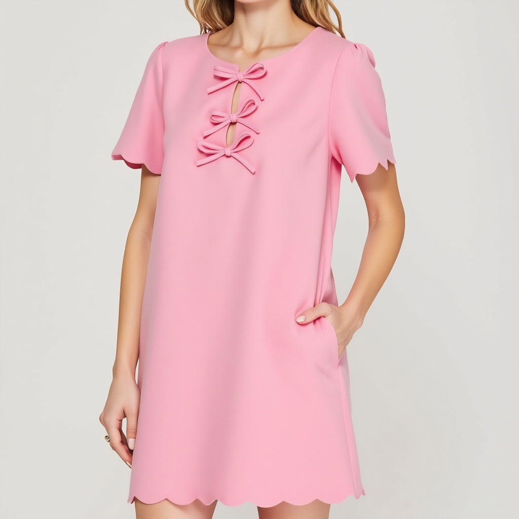 Scallop Hem Shift Dress with Front Bow Tie Detail and Keyhole Neckline