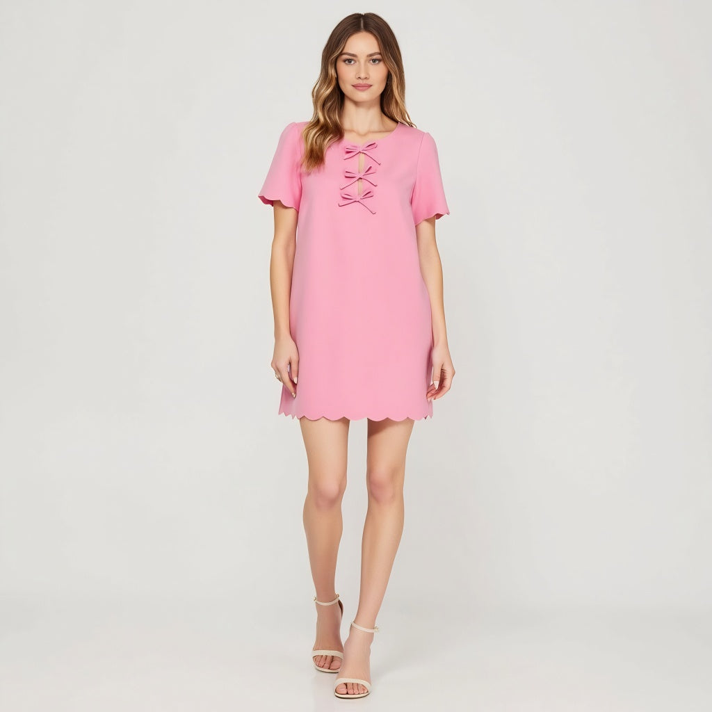 Scallop Hem Shift Dress with Front Bow Tie Detail and Keyhole Neckline
