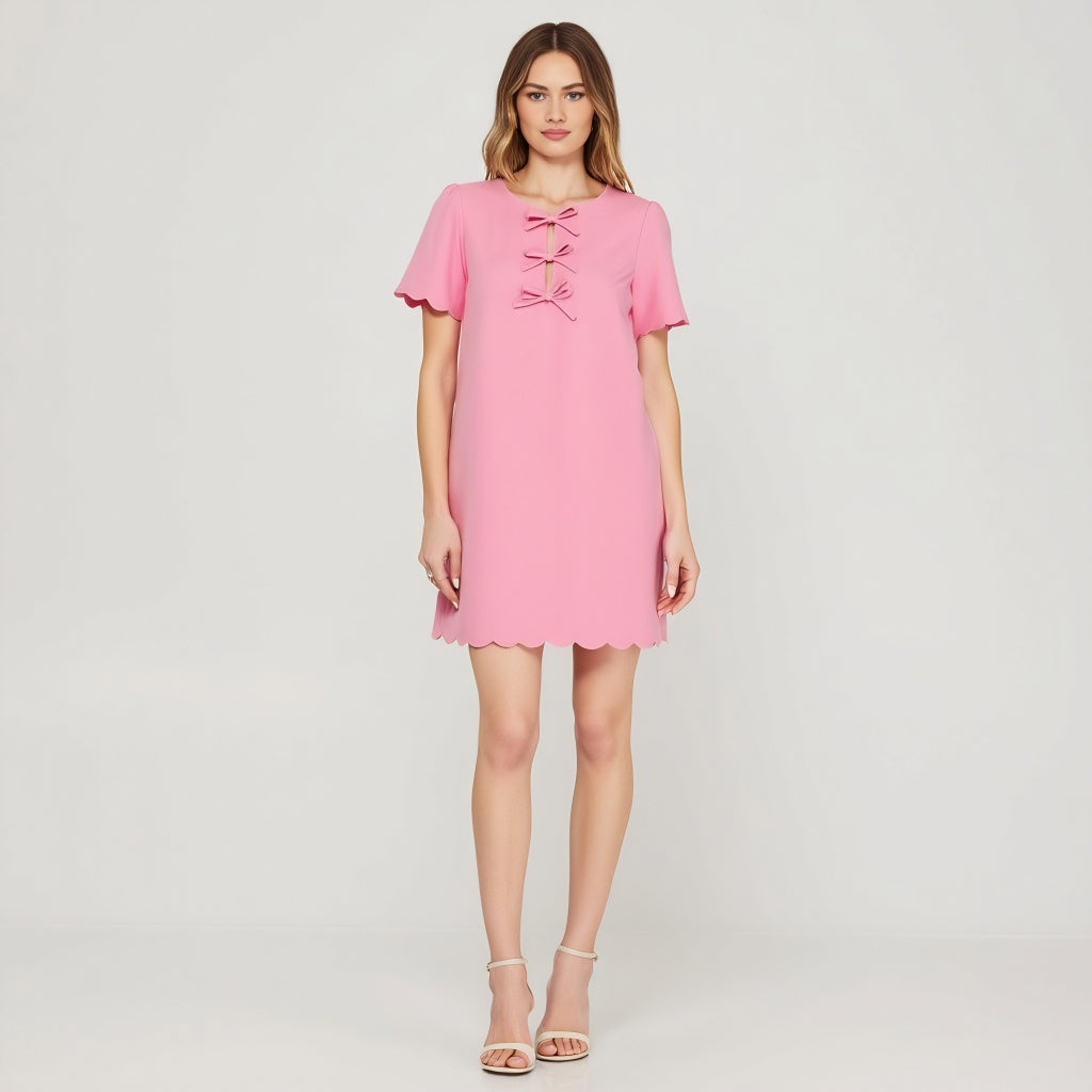 Scallop Hem Shift Dress with Front Bow Tie Detail and Keyhole Neckline