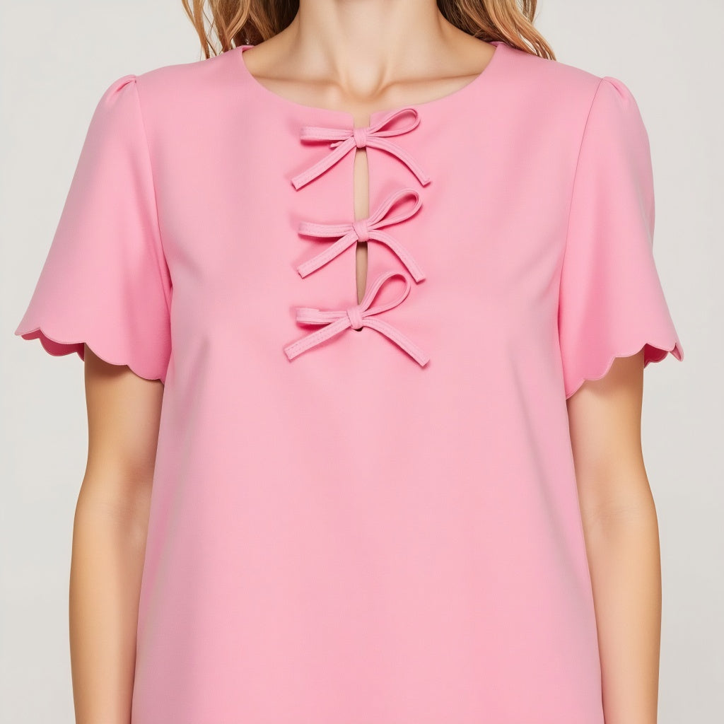 Scallop Hem Shift Dress with Front Bow Tie Detail and Keyhole Neckline