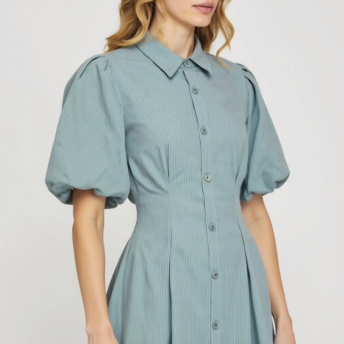 Striped Puff Sleeve Shirt Dress with Button Front and Pleated Skirt
